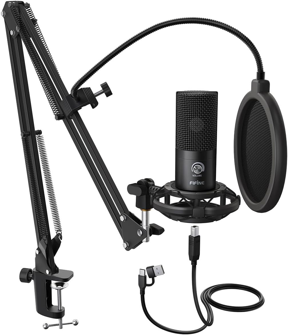 Displays the complete USB microphone kit with all included components to show shoppers exactly what they will receive in their purchase. Shows all the included accessories and parts that come with…