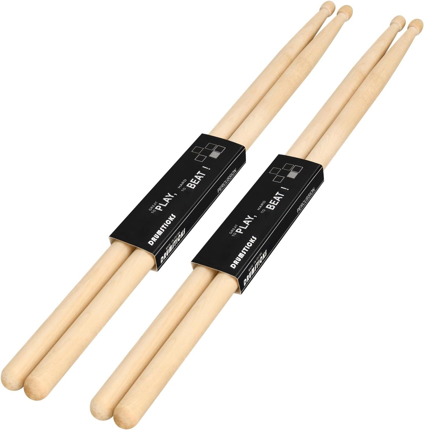 Shows the core product clearly - two pairs of wooden drumsticks with black packaging sleeves, allowing shoppers to see exactly what they will receive.