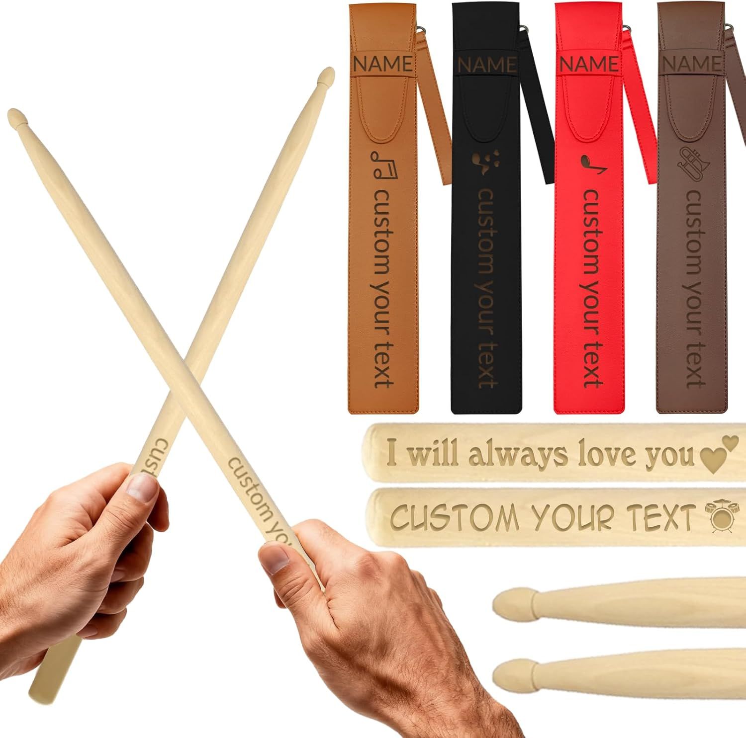 Shows the core product—customizable drumsticks and protective cases—in multiple color variations to communicate personalization options and what the buyer receives. Displays the selectable color…