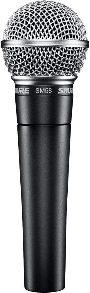 Displays the Shure SM58 microphone clearly on a white background to show the product's professional design, mesh grille, and build quality.