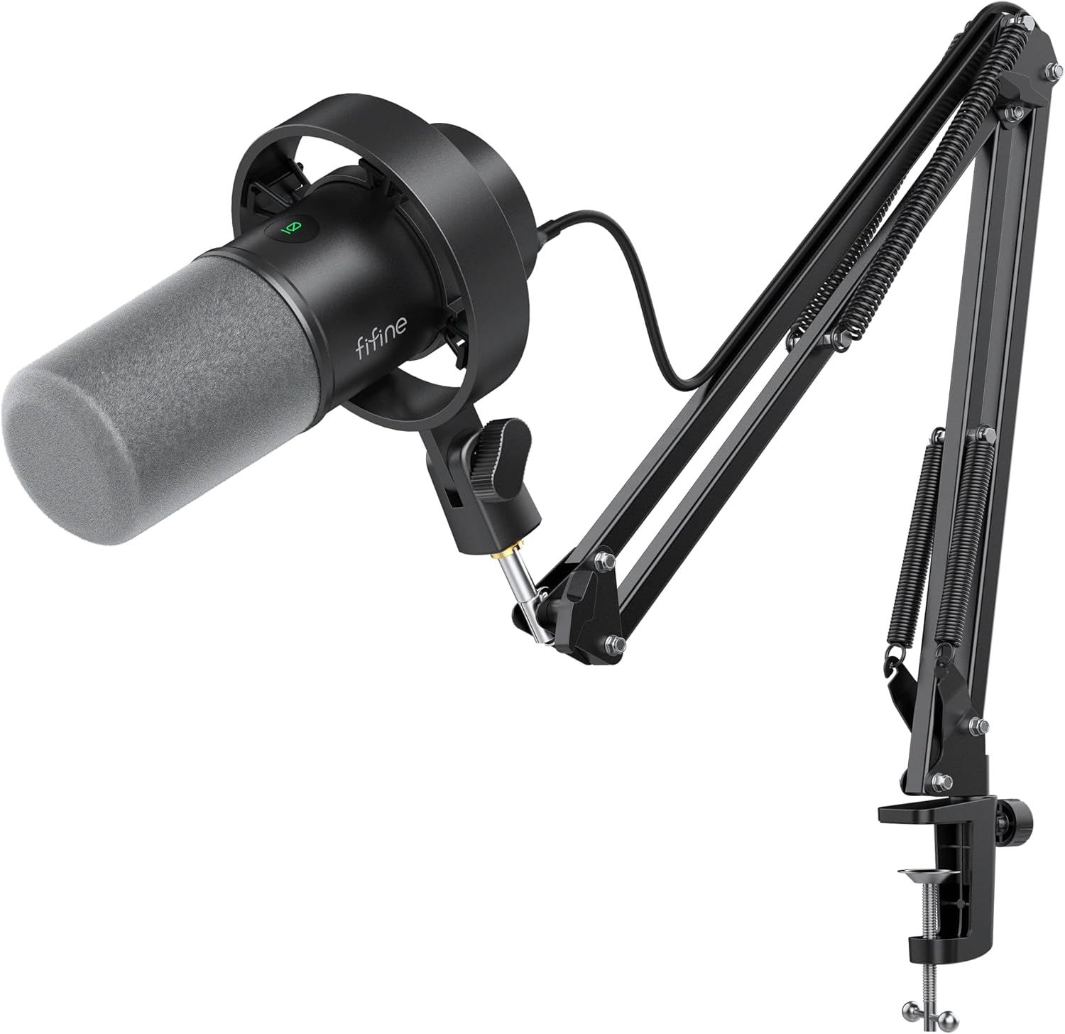 Shows the complete sellable product including the microphone with shock mount and adjustable boom arm stand to communicate what the buyer receives and how it's configured for use. Displays all…