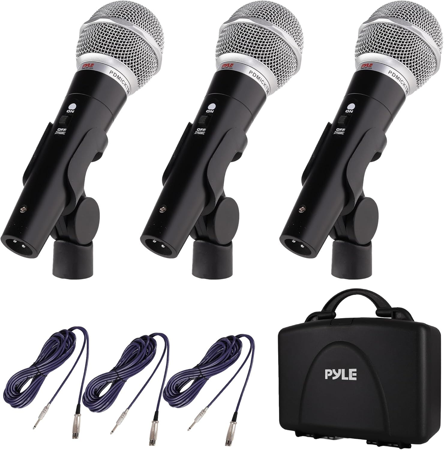 Shows the complete microphone kit including three identical microphones with stands, cables, and carrying case to communicate the full value and contents of the purchase. Demonstrates that the…