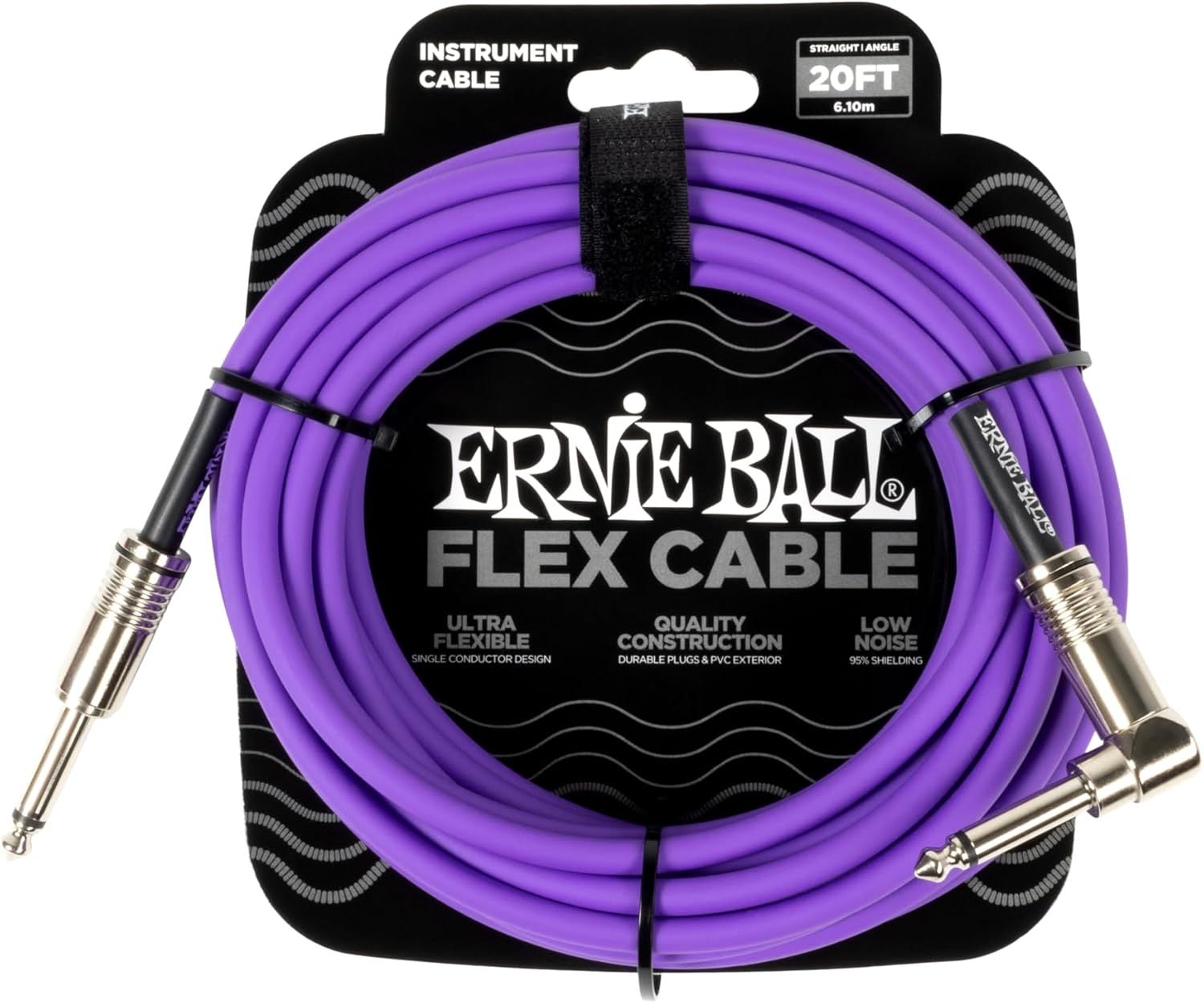 Displays the Ernie Ball Flex Cable as the core product, showing its purple color, coiled presentation, connector types, and length to help shoppers identify and evaluate the cable. Shows the product…