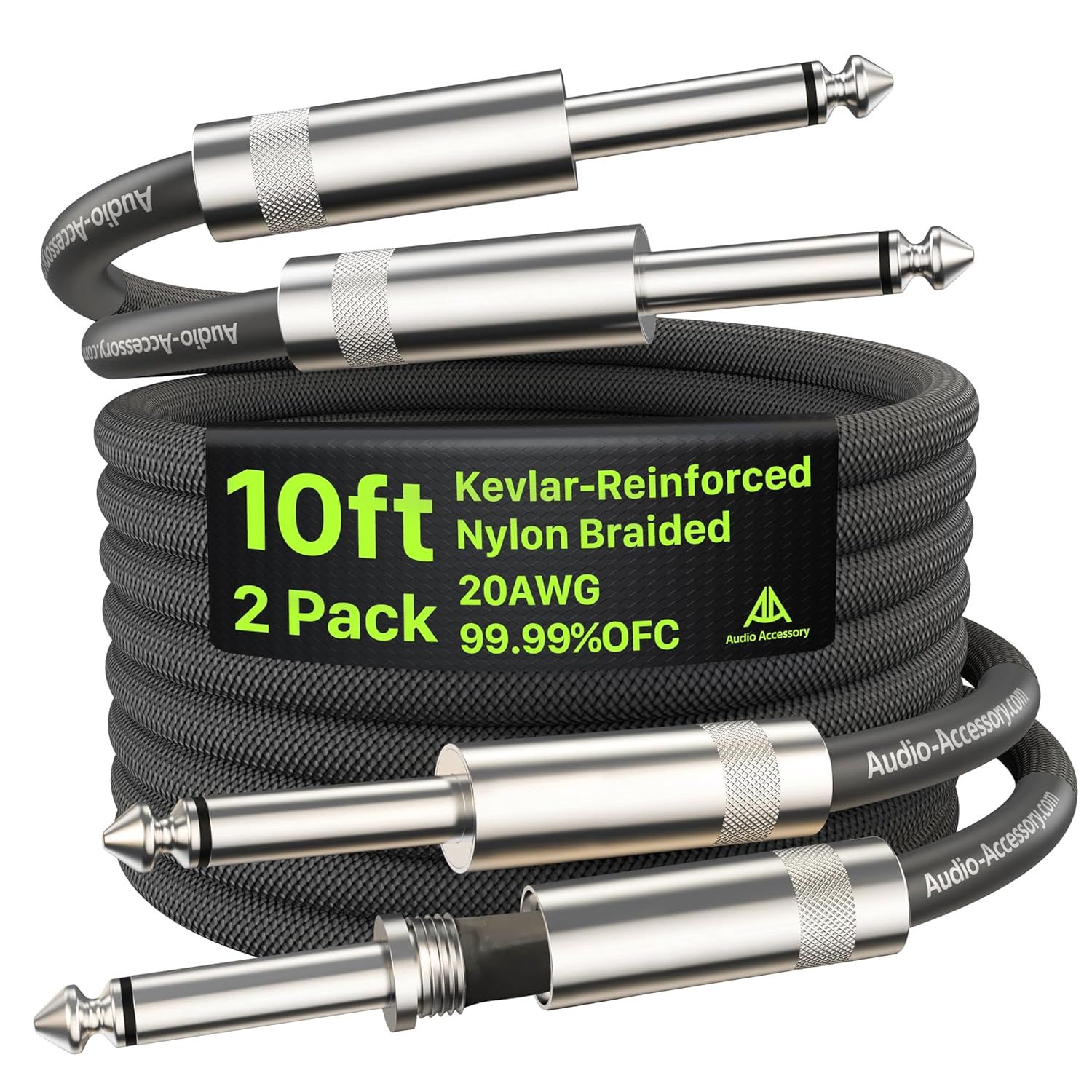 Displays the core product—two 10ft audio cables—with clear visibility of the durable braided construction and professional-grade metal connectors to communicate quality and reliability. Shows the…