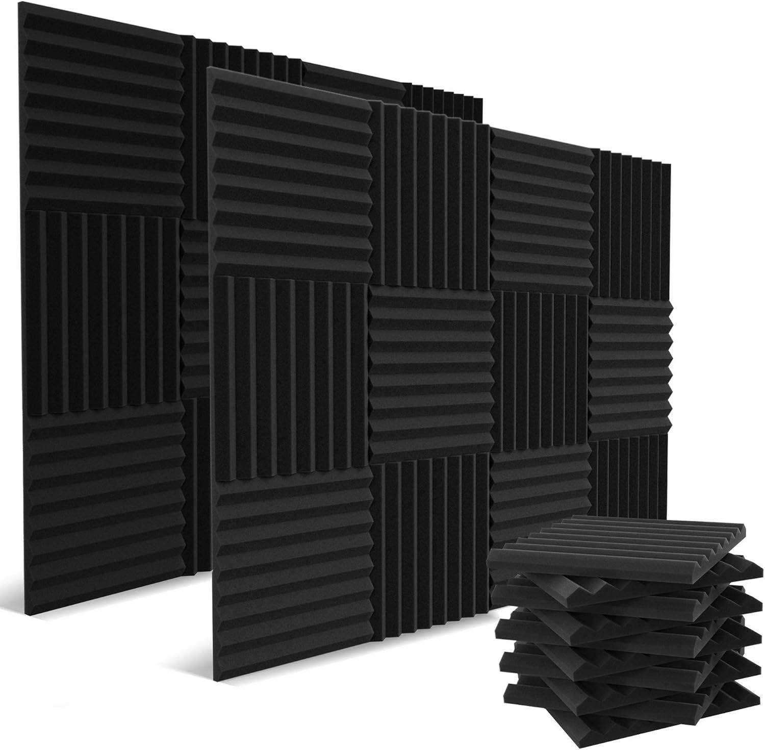 Displays the core product—acoustic foam panels in various patterns (wedge and ridge)—to show shoppers what they are purchasing and the variety included in the set.