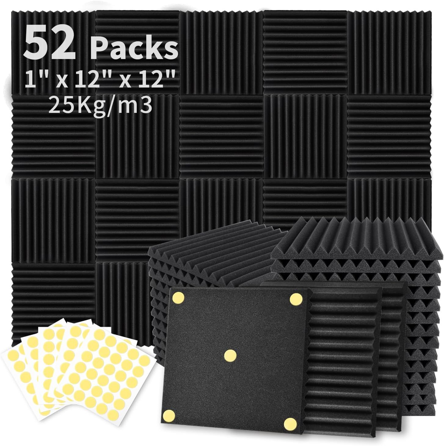 Shows the complete set of 52 acoustic foam panels in various textures along with mounting adhesive dots, communicating the quantity and what is included in the purchase. Demonstrates that the…