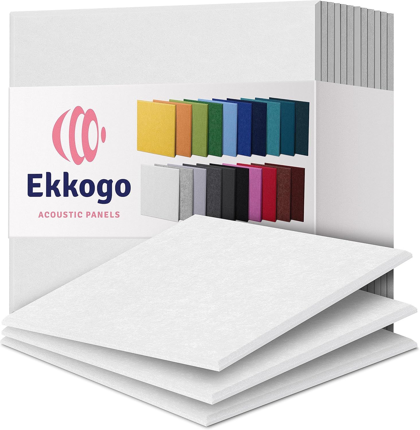 Shows the core product (acoustic panels) in white color with packaging visible, communicating what the buyer will receive. Displays the wide range of color choices available for the acoustic panels,…
