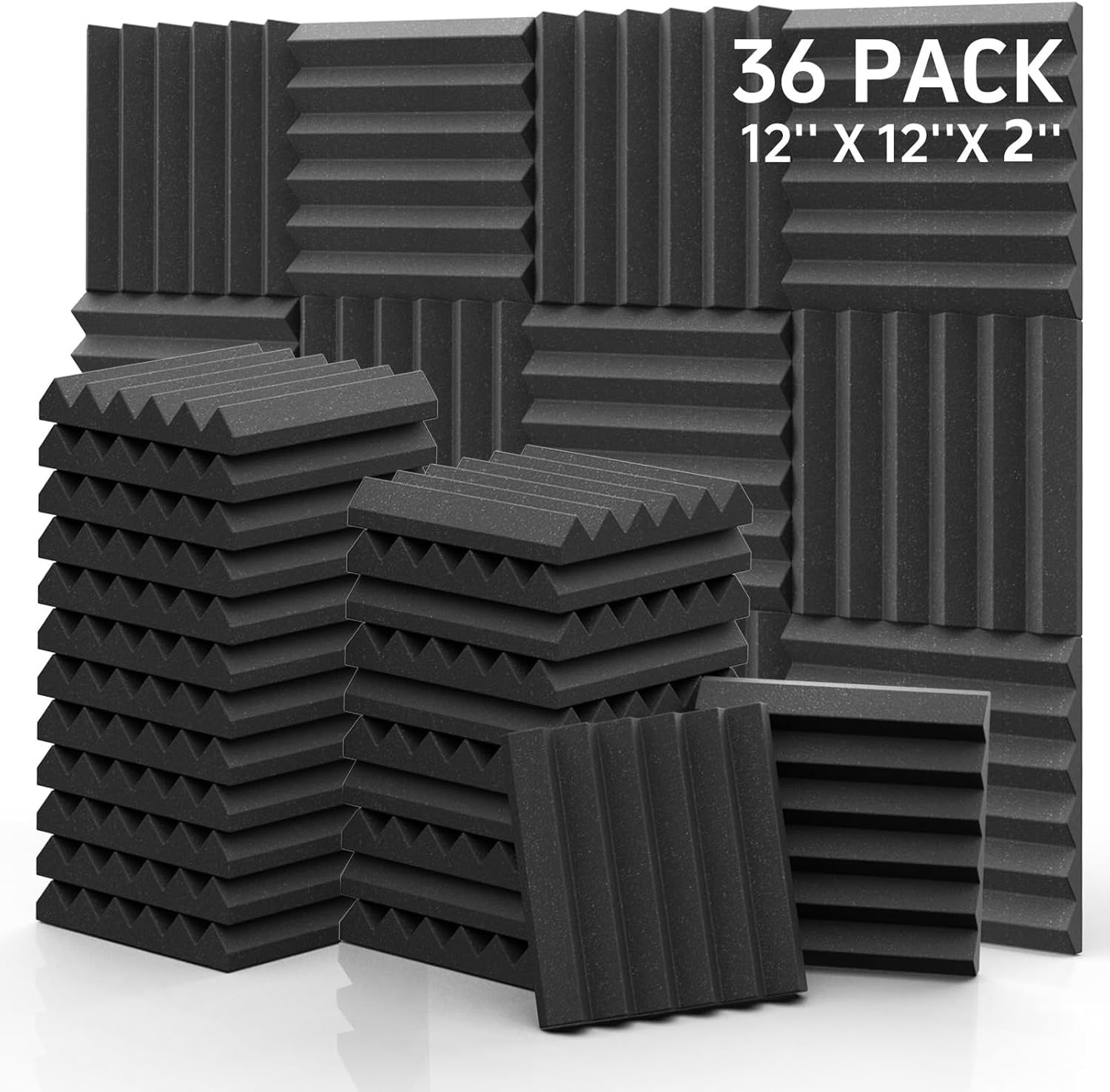 Displays the complete 36-pack set of acoustic foam panels in various patterns to show the buyer exactly what is included in the purchase and the variety of panel designs available. Uses a subtle…