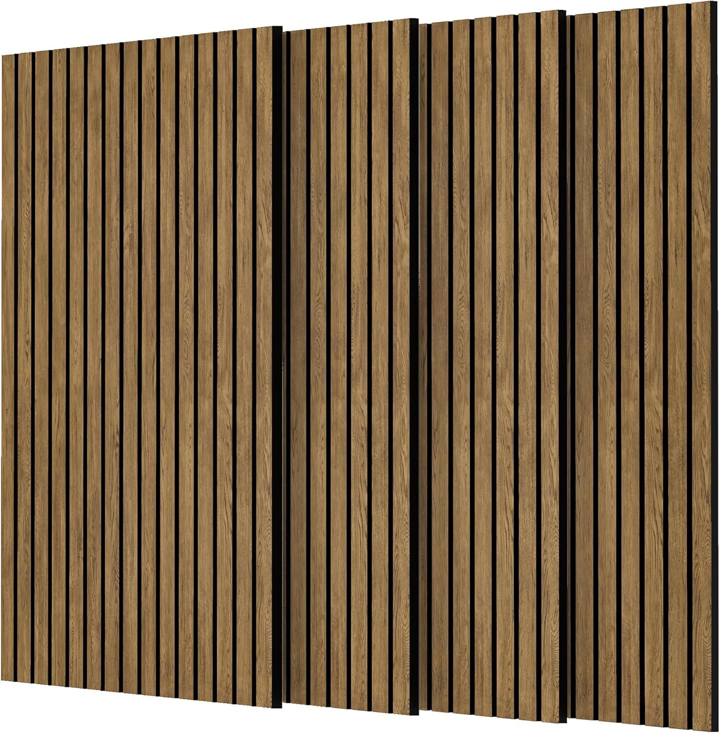 Displays the core product—decorative wood slat wall panels—clearly showing the vertical slat design and natural wood grain finish to help shoppers visualize the aesthetic and material quality.