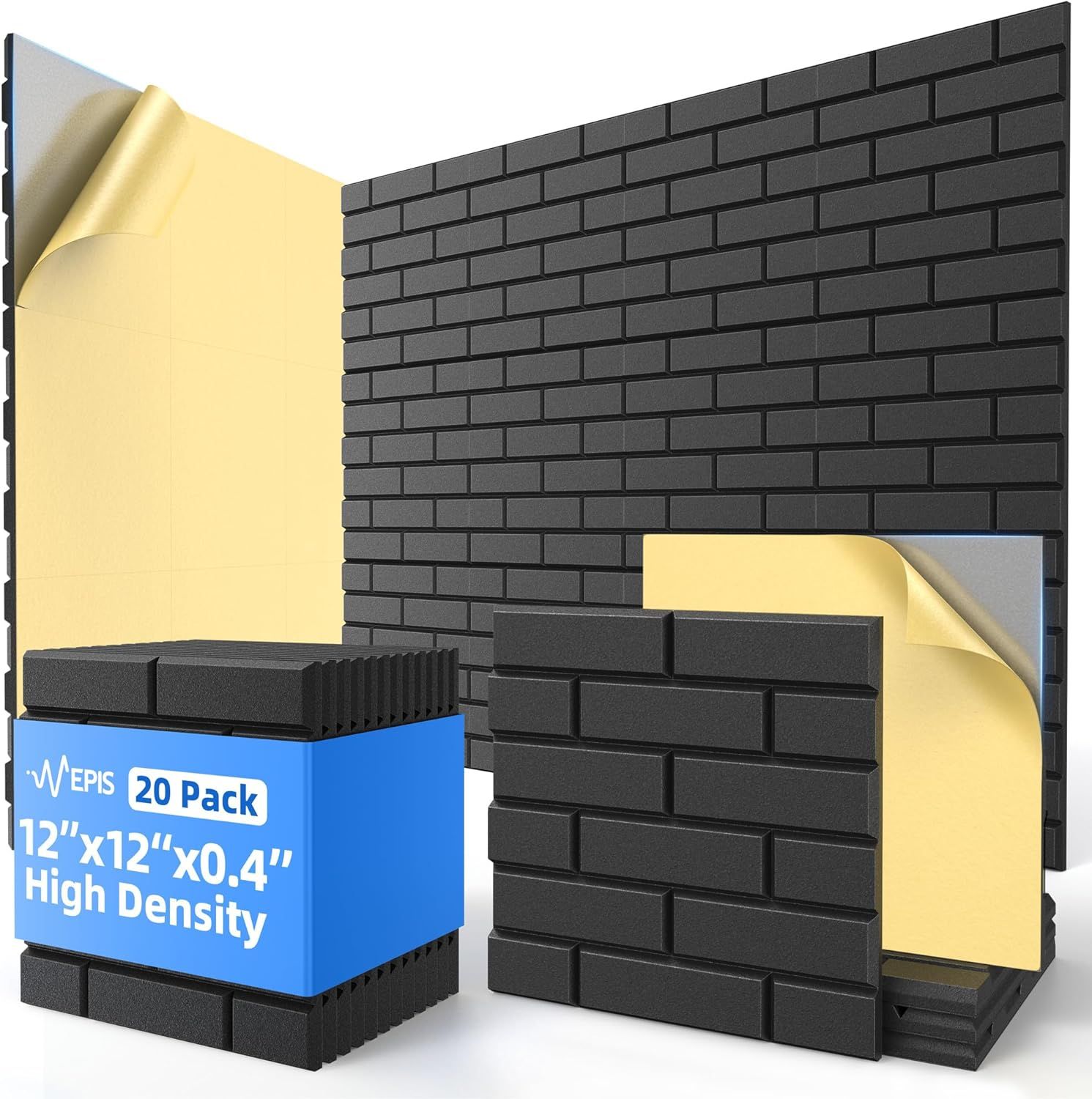 Shows the core product—self-adhesive foam brick wall tiles—with the peel-away backing visible to communicate ease of installation and the brick texture pattern. The blue cube label displaying pack…