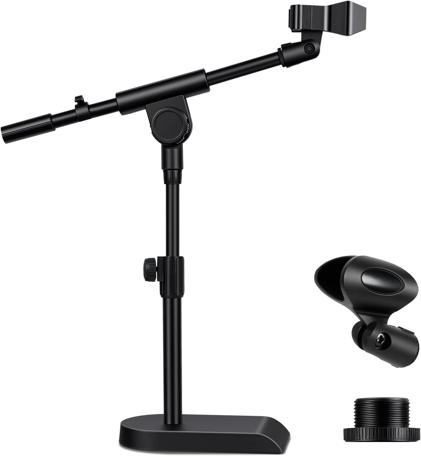 Displays the complete microphone stand system with phone holder and mounting accessories to show shoppers exactly what they will receive and how the adjustable components work together. Shows the…