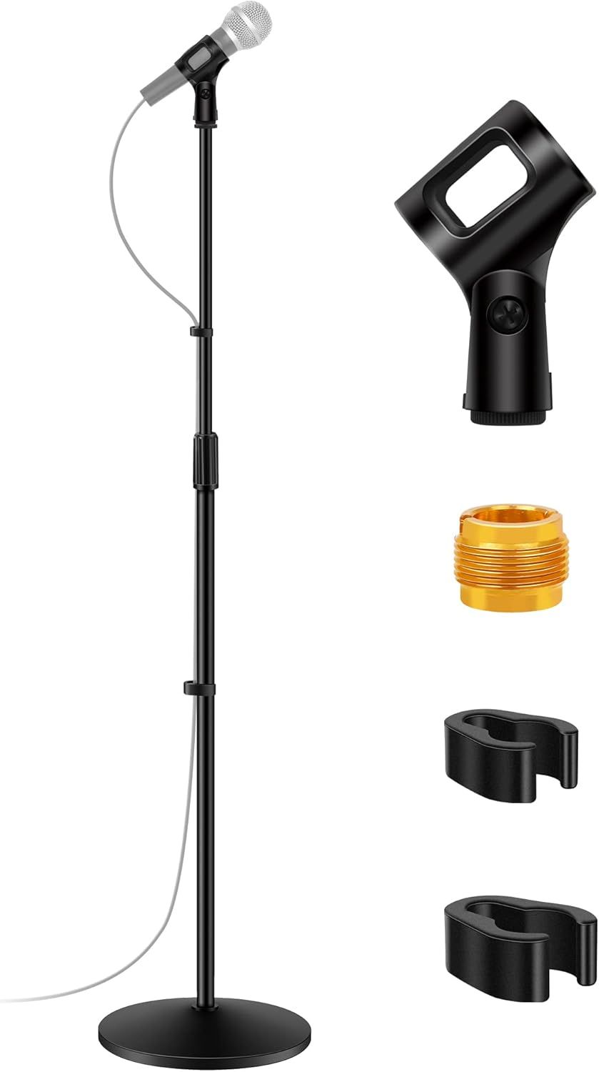 Shows the core microphone stand product along with included accessories to communicate what the buyer receives in the purchase. Displays all the included accessories and attachments that come with…