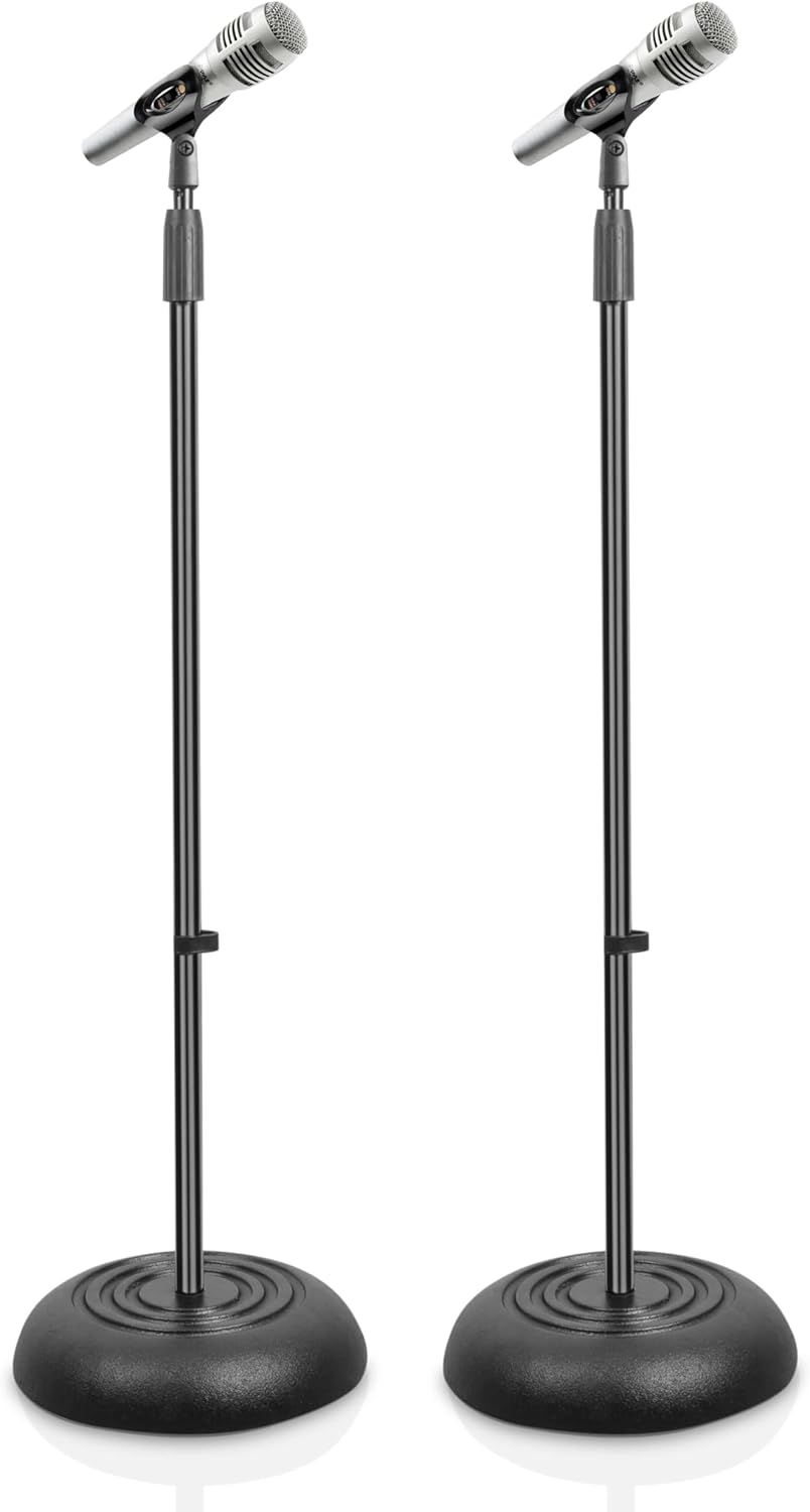 Shows two identical microphone stands with microphones to communicate that this is a 2-pack set, providing clear visibility of the complete product including the adjustable stand, mount, and…