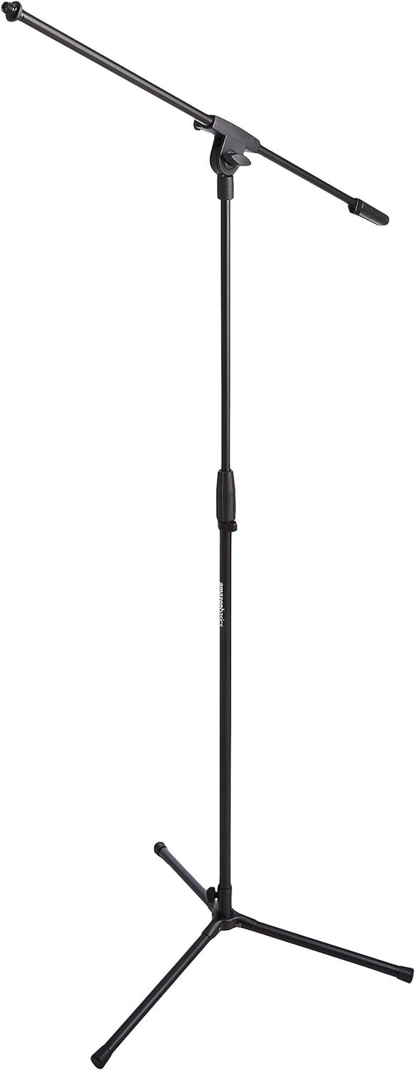 Shows the complete microphone stand with its adjustable boom arm and tripod base to communicate the product's professional design and versatility for recording or performance use.