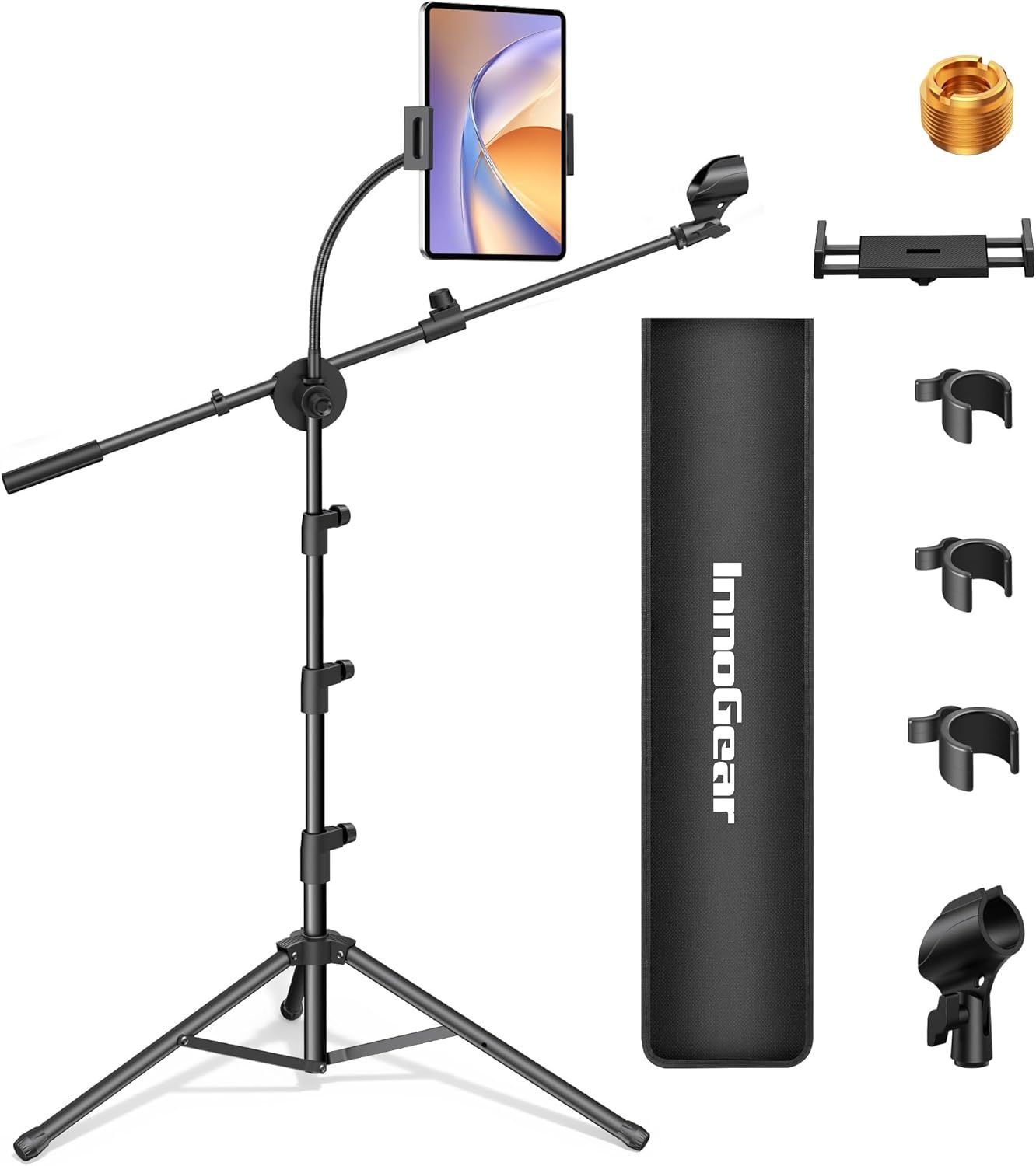 Displays the core product—a professional microphone stand with adjustable boom arm and tablet holder—along with all included accessories to show shoppers exactly what they will receive. Communicates…