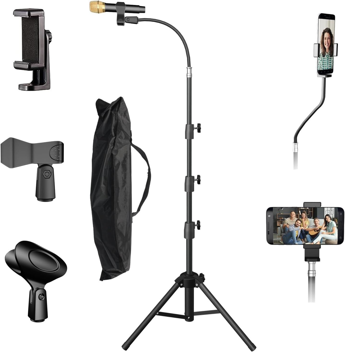 Displays the complete microphone stand kit with all included components and accessories, showing shoppers everything they will receive in the package. Showcases all the included accessories and…