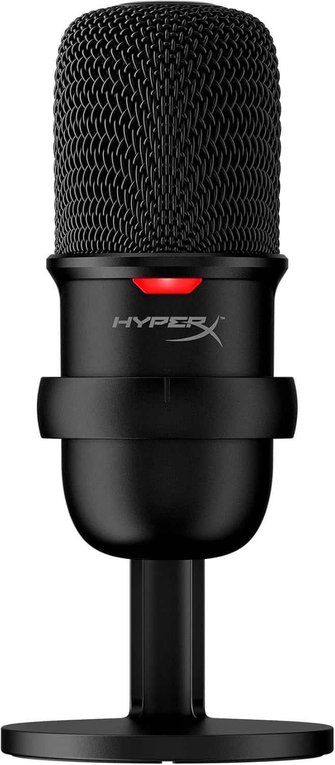Displays the HyperX microphone as the core product in a clean catalog style, allowing shoppers to clearly see the design, mesh grille, branding, and overall build quality.