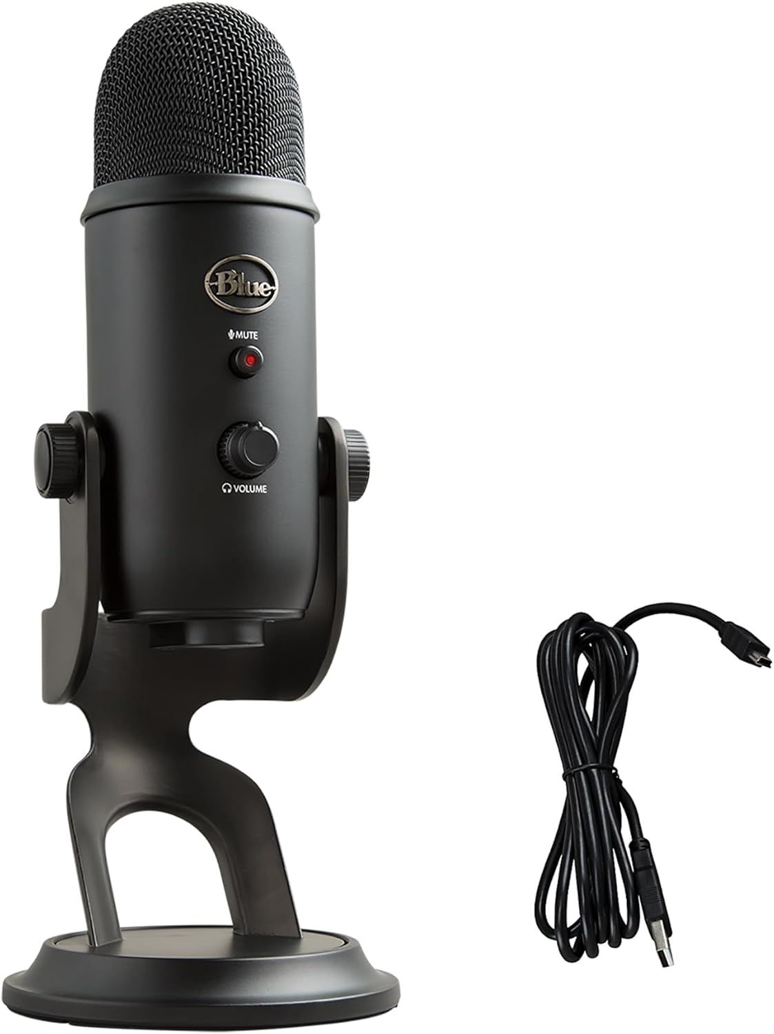 Displays the core product clearly on a white background to show the microphone's design, controls, and included cable accessory. Shows the included USB cable accessory that comes with the microphone…