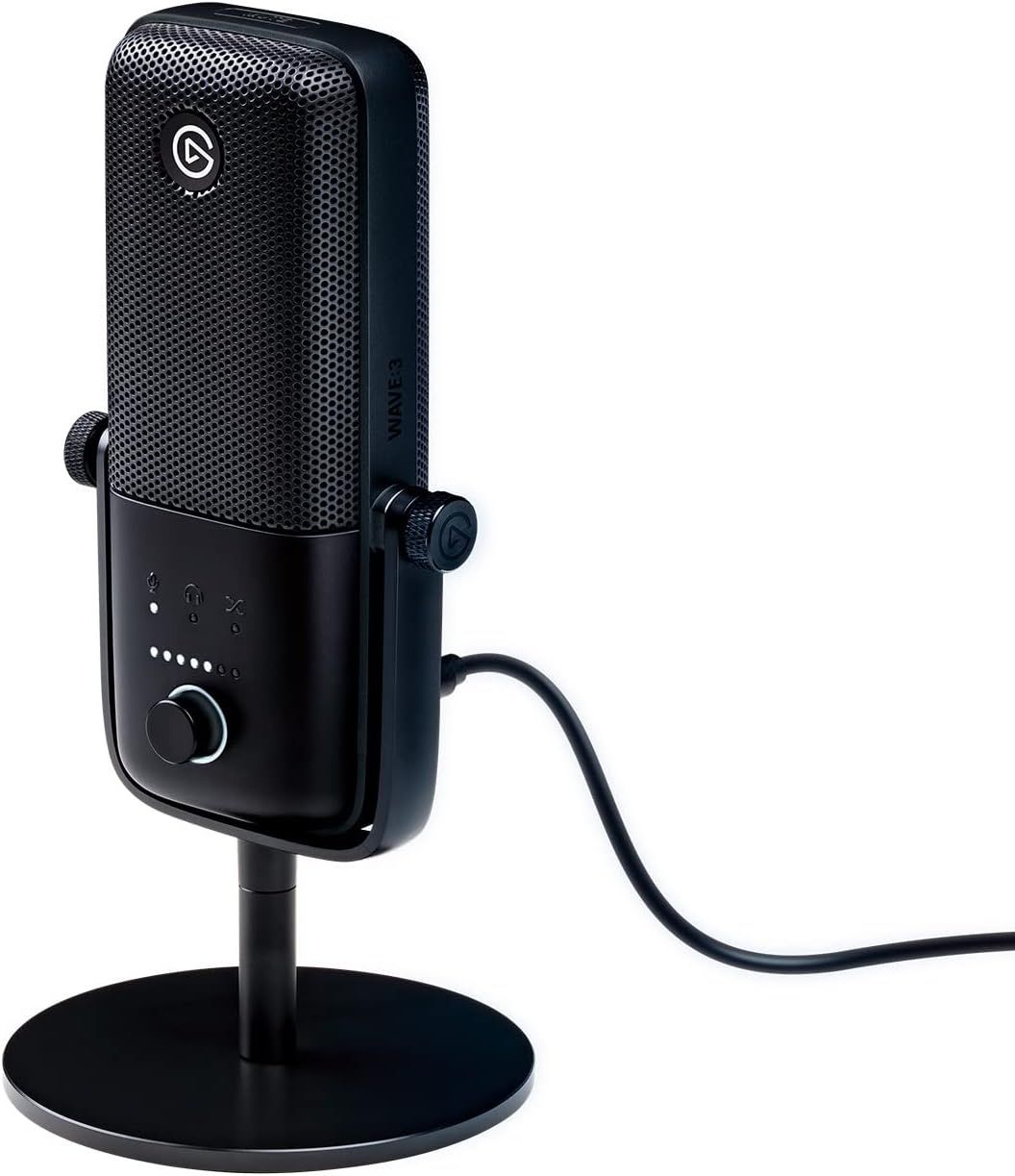 Displays the core product clearly on a white background to show the microphone's professional design, control features, and included desktop stand for streaming or recording.