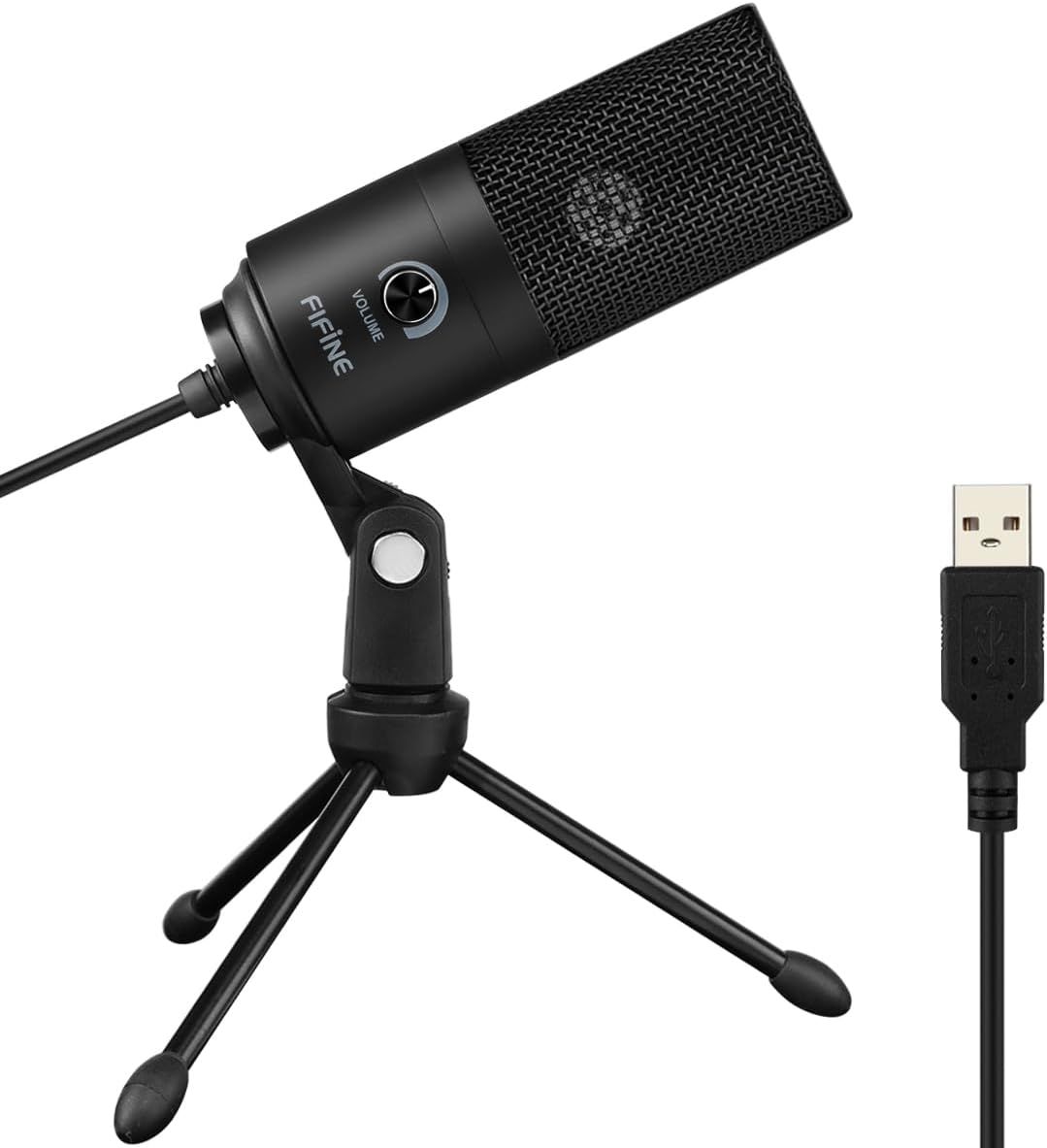 Displays the core product clearly on a white background to show shoppers exactly what they will receive, including the microphone, tripod stand, and USB cable. Shows the included accessories that…
