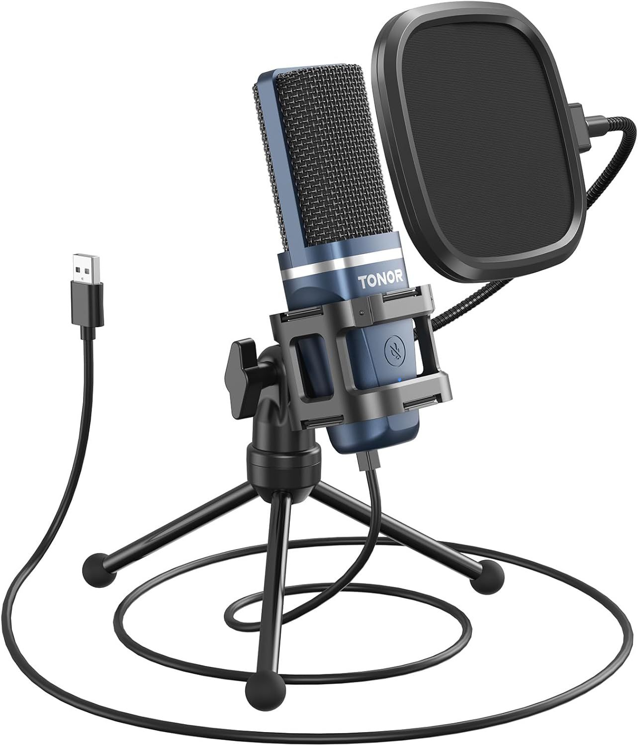 Displays the complete microphone setup with all included accessories to show shoppers exactly what they will receive and how the product is ready to use out of the box. Highlights the included…