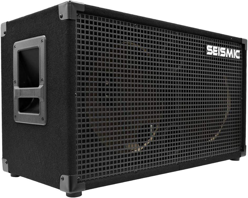 Displays the core product, a Seismic-branded speaker cabinet, in a clean catalog-style presentation to show its design, construction, and branding clearly to potential buyers.