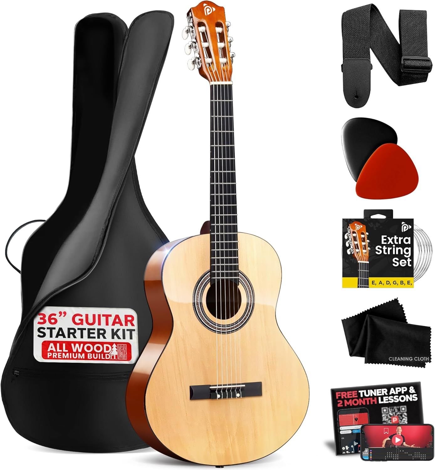Shows the complete 36-inch guitar starter kit with all included accessories (case, strap, picks, extra strings, cleaning cloth, and lesson access) to communicate the comprehensive value and…