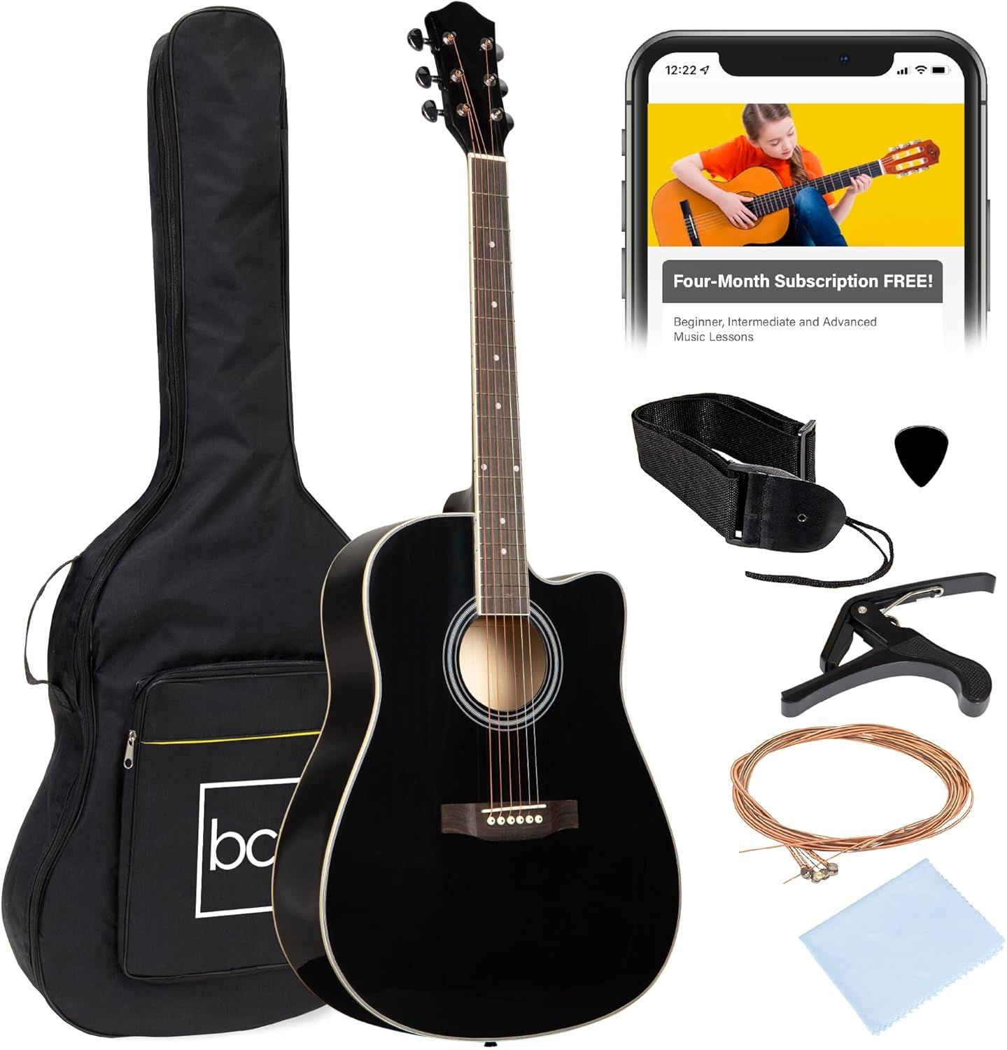 Displays the core product (black acoustic guitar) along with all included accessories to show shoppers everything they receive in the bundle. Showcases the complete set of included accessories and…