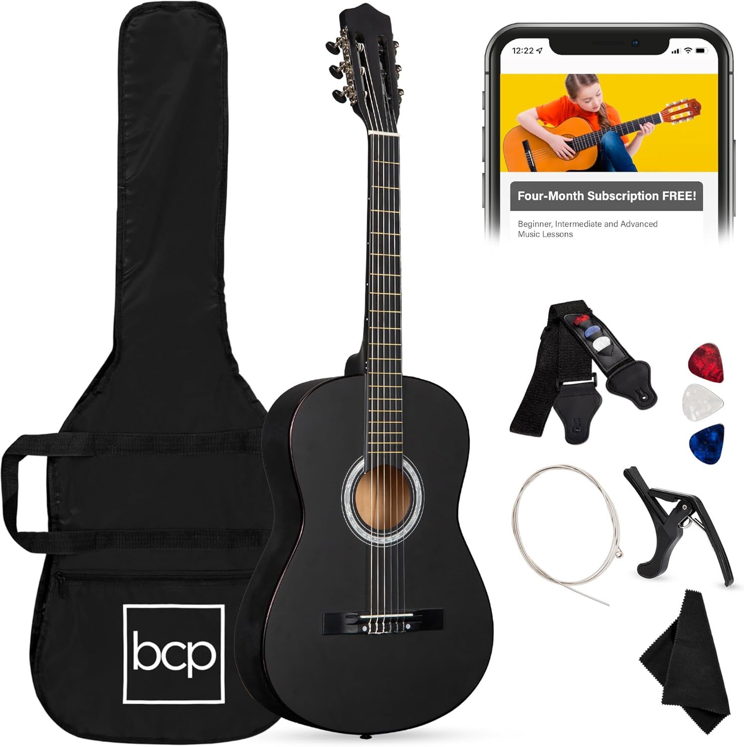 Shows the core guitar product along with all included accessories to communicate that this is a complete starter kit for learning guitar. Displays all the bonus accessories included with the guitar…
