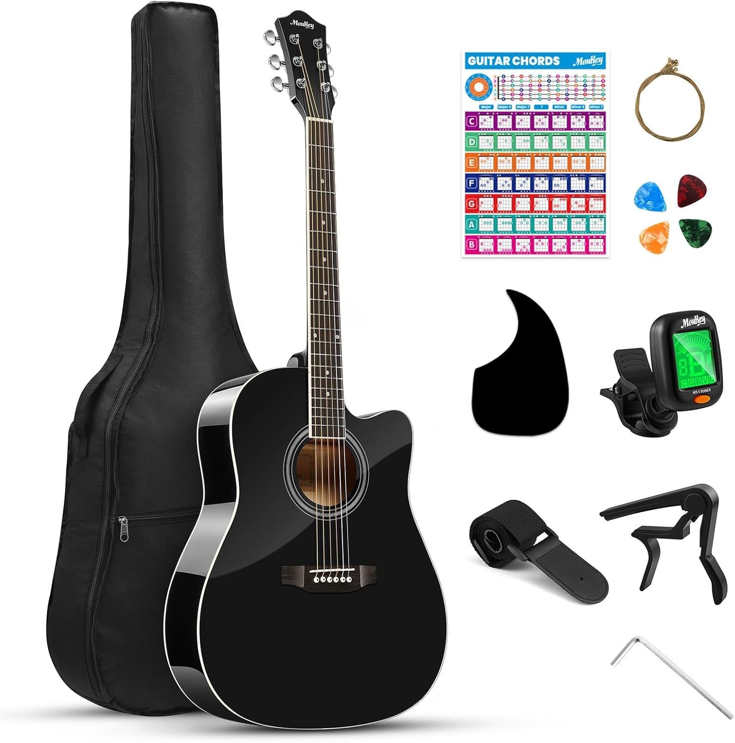 Displays the core acoustic guitar along with all included accessories to show shoppers everything they receive in this beginner bundle. Showcases the comprehensive set of accessories included with…
