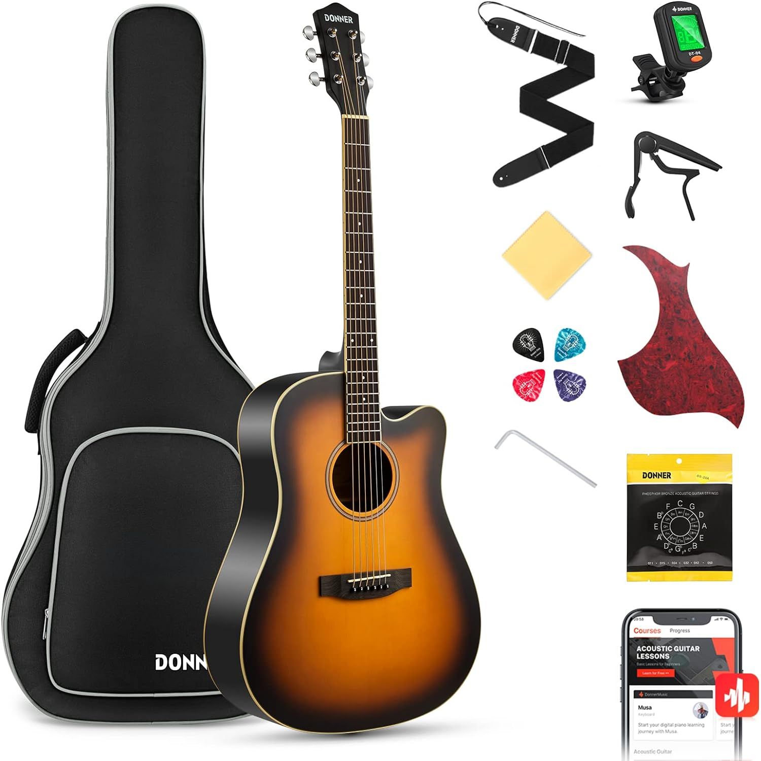 Displays the core product (acoustic guitar) along with all included accessories to show the complete bundle the buyer will receive. Showcases the comprehensive set of included accessories and tools…