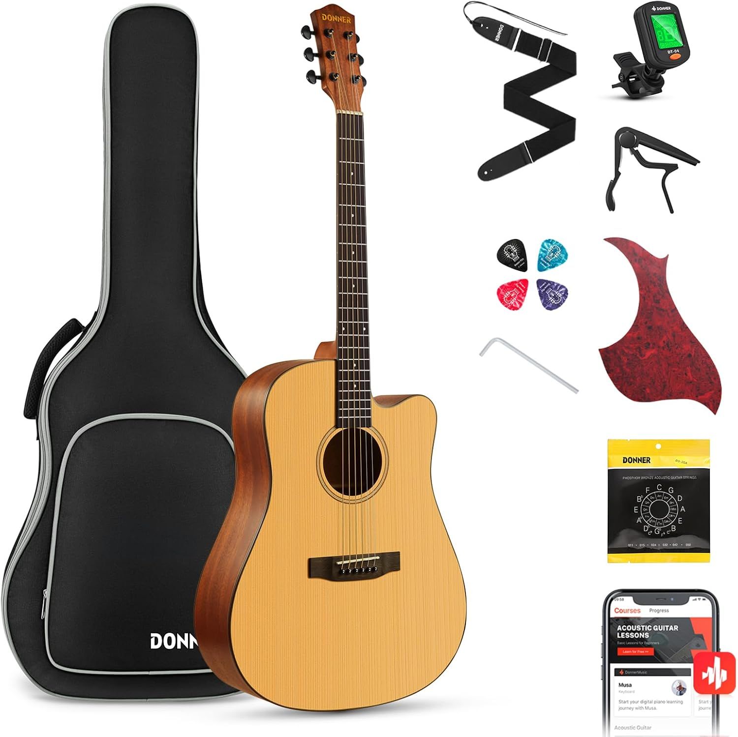 Displays the core acoustic guitar product along with all included accessories to show shoppers the complete bundle they will receive, emphasizing value and readiness to play. Showcases the…