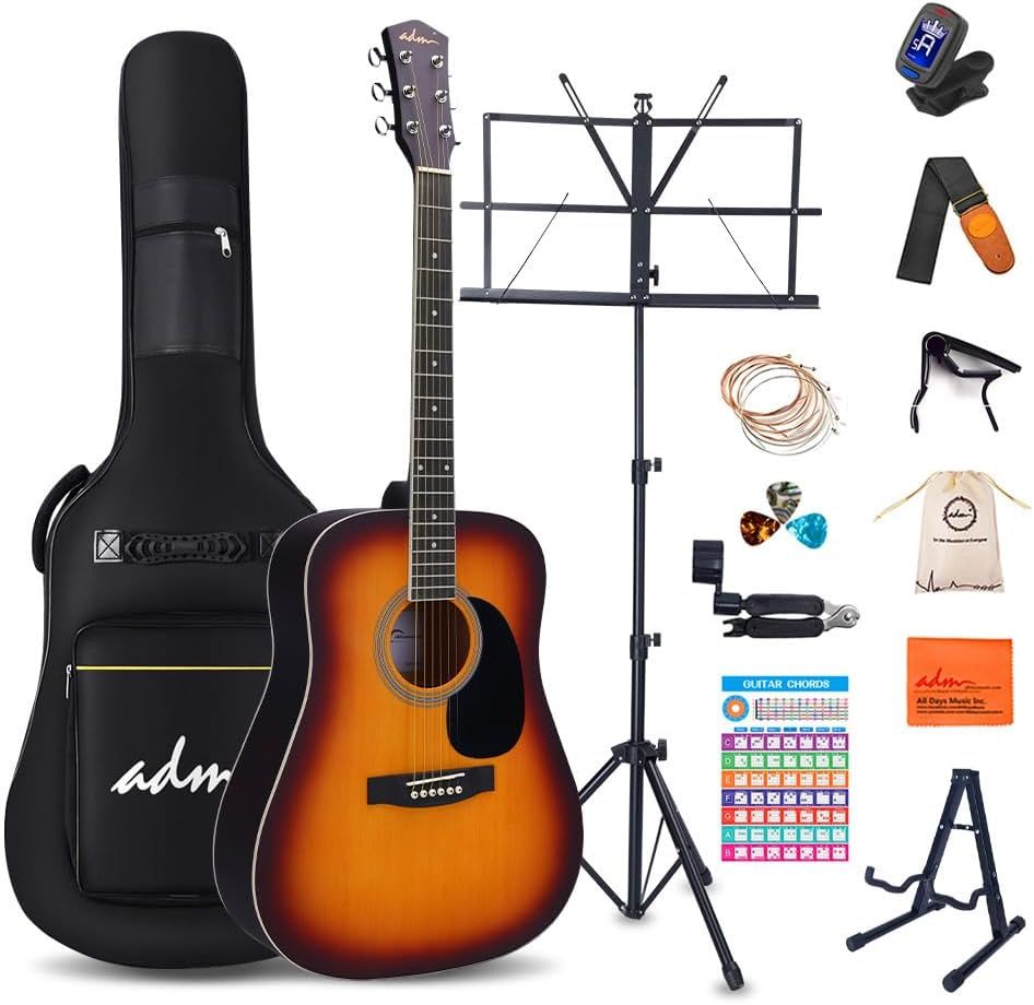 Displays the core acoustic guitar along with all included accessories to show shoppers the complete bundle they will receive. Showcases the extensive collection of included accessories and extras…