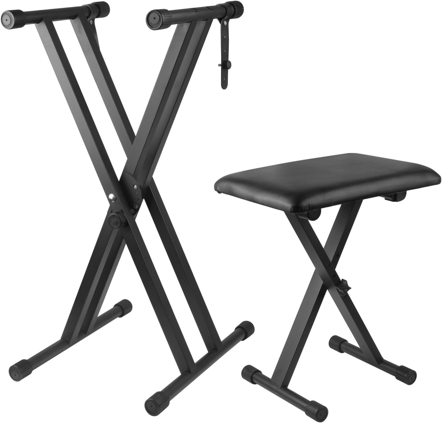 Shows the complete product set including an adjustable X-frame keyboard stand and matching padded bench, allowing shoppers to see exactly what they will receive.