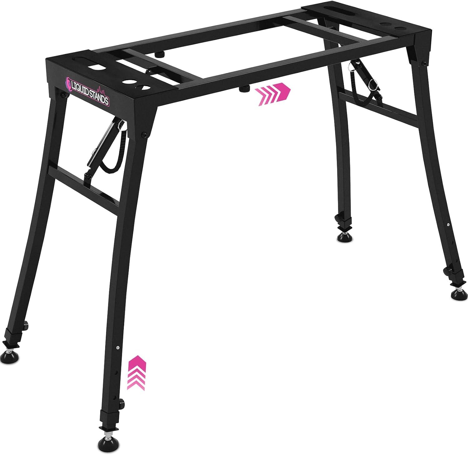 Shows the core product, a keyboard or equipment stand with adjustable legs, to communicate its structure and design to potential buyers. Uses pink chevron arrows and brand logo as visual…