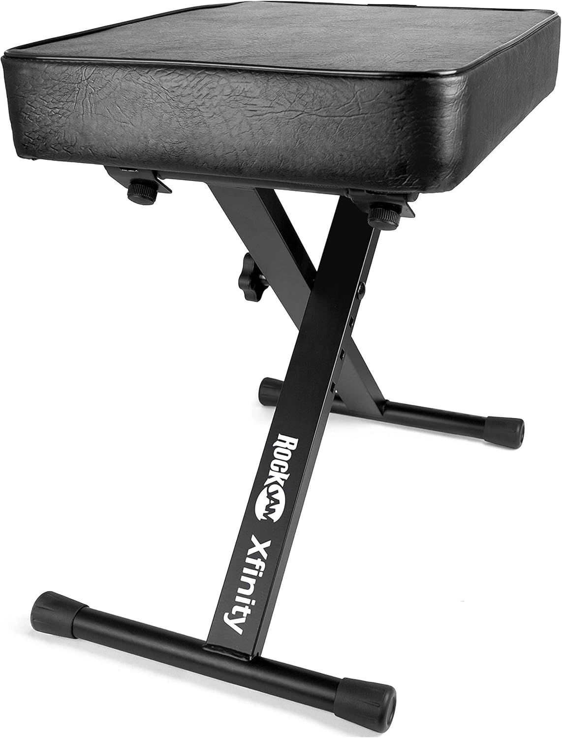 Shows the core product, a keyboard or instrument bench with adjustable X-frame stand and padded seat, allowing shoppers to clearly see the product design and construction.