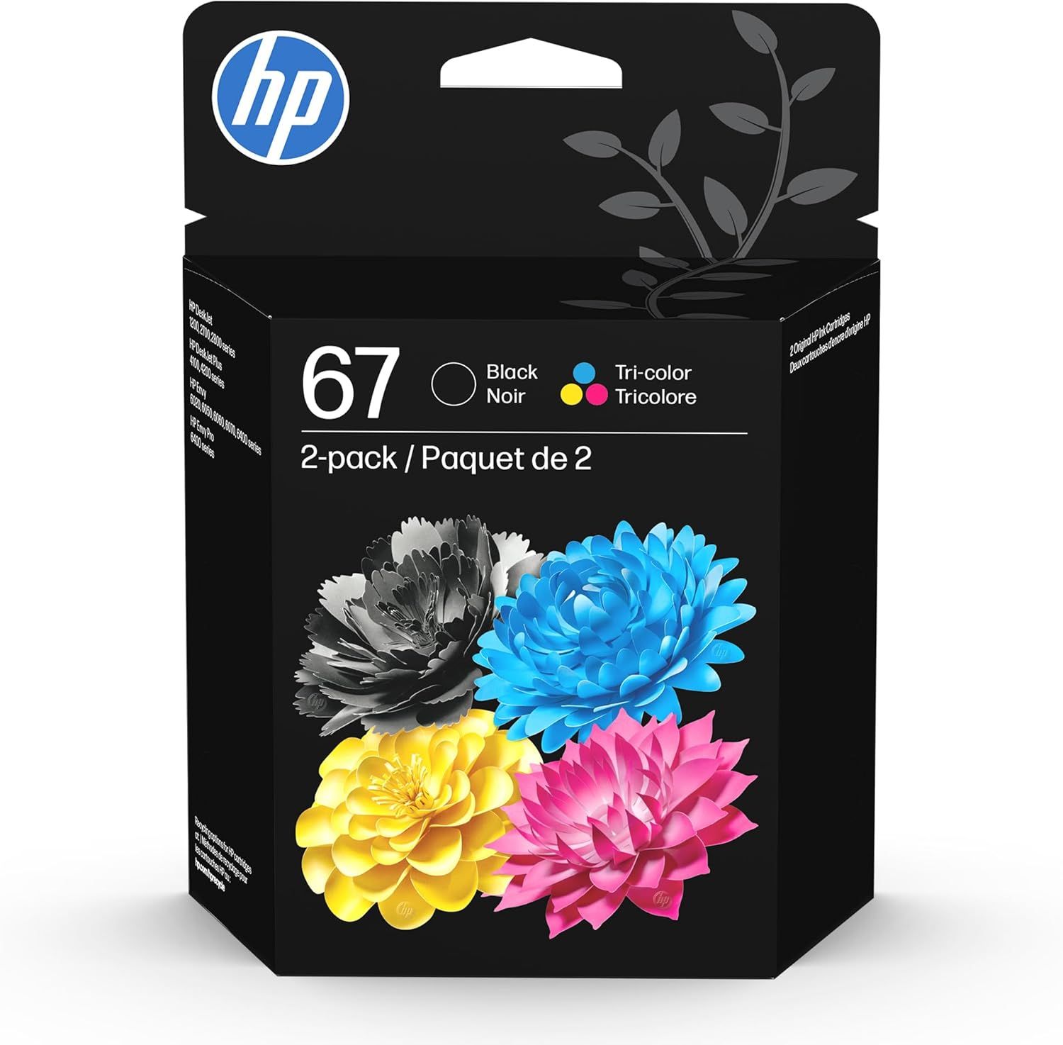 Shows the actual retail box the buyer will receive, clearly displaying the HP brand, product number 67, and that this is a 2-pack of black and tri-color ink cartridges. Uses decorative flower…