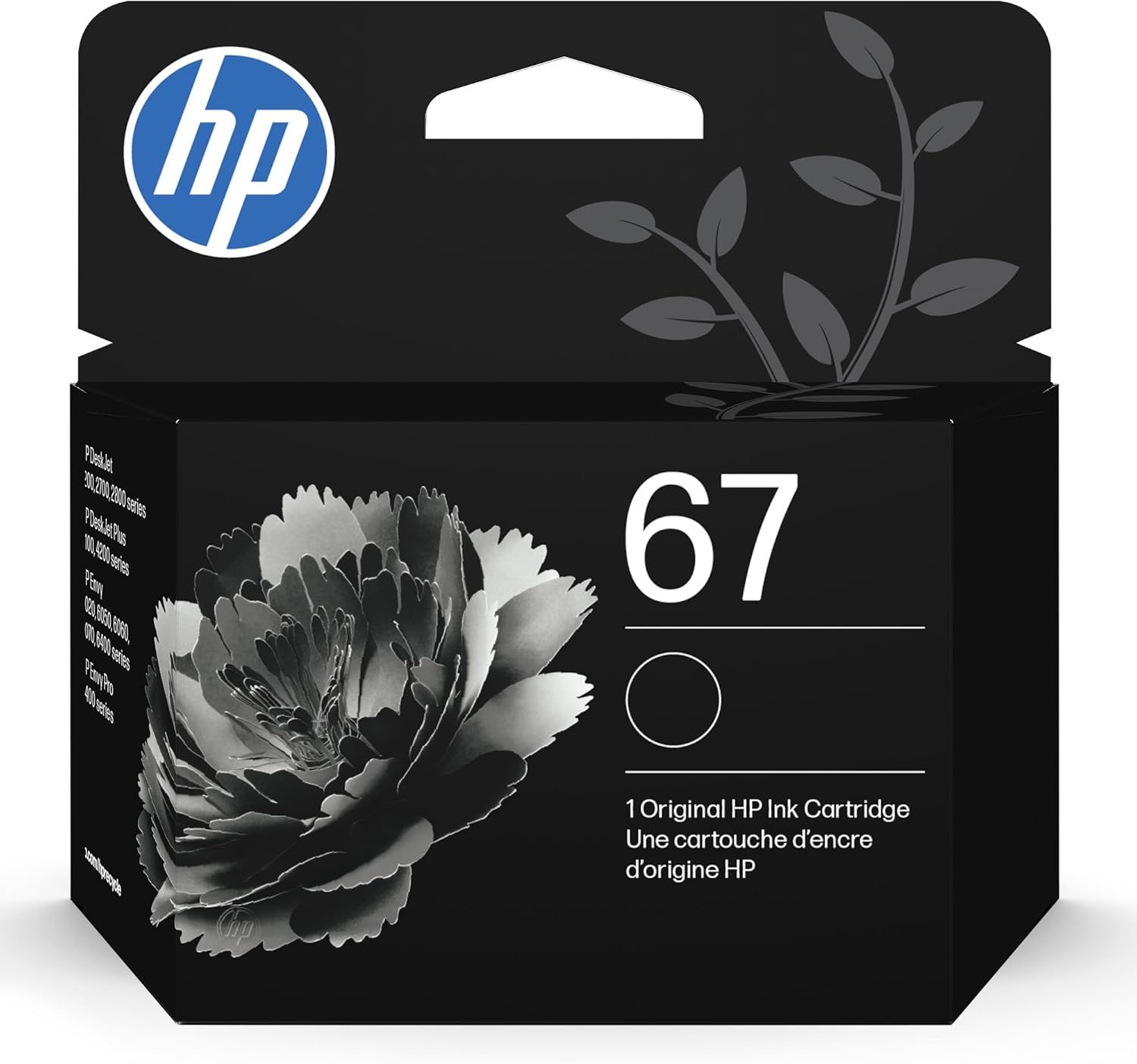 Shows the actual retail packaging the buyer will receive, featuring the HP brand logo and product number 67 to help shoppers identify the correct ink cartridge for their printer. Uses a black…