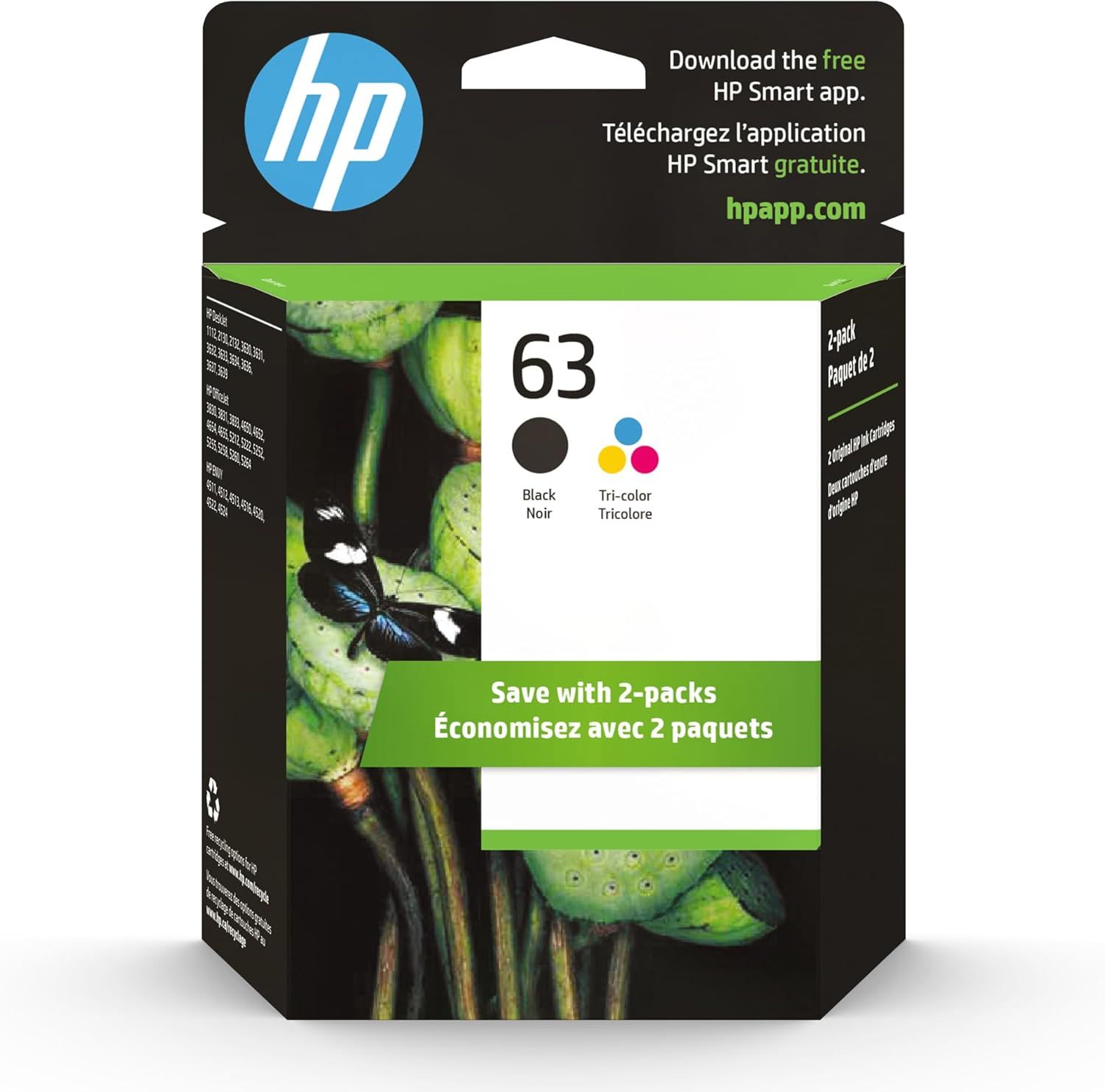 Shows the actual retail packaging the buyer will receive, featuring HP branding and clear product identification (HP 63 ink cartridges) to build trust and confirm authenticity. Includes promotional…
