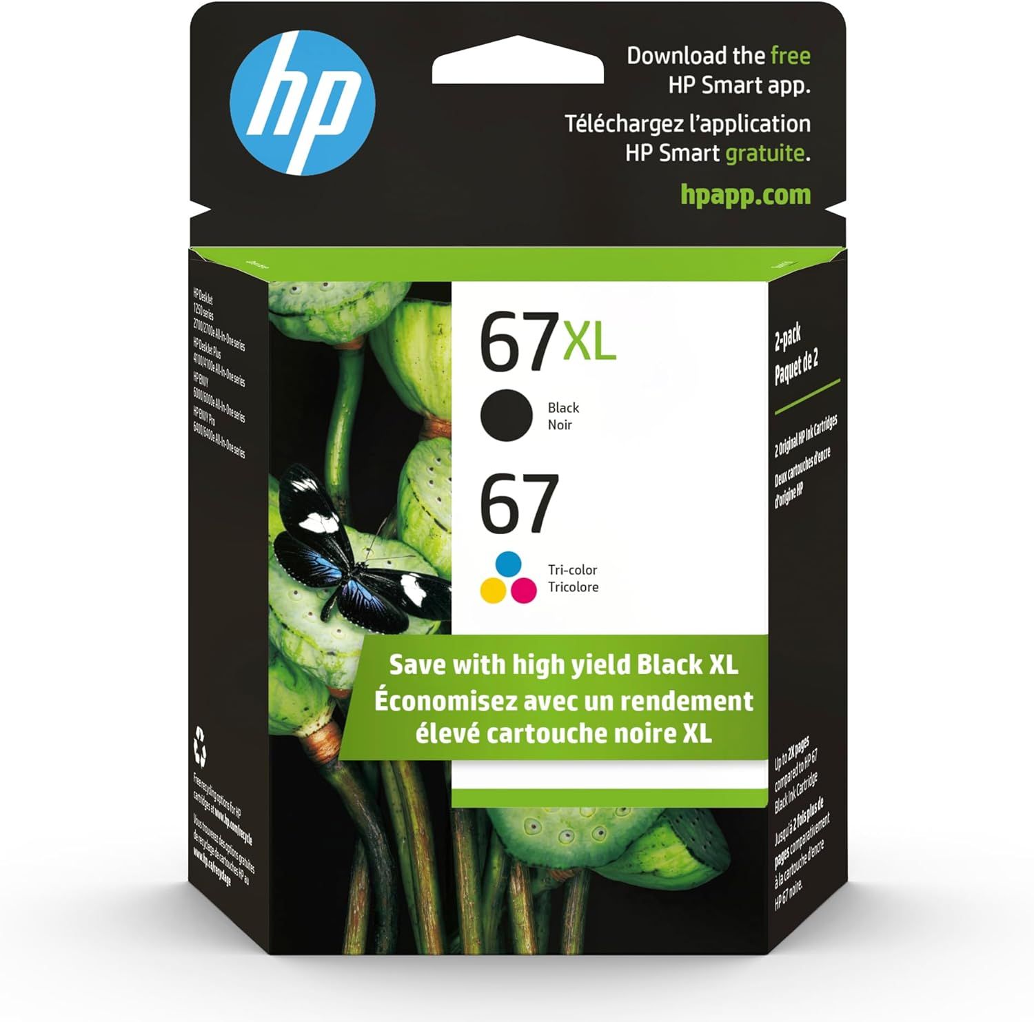 Shows the physical retail box the buyer will receive, displaying product details including cartridge numbers (67XL Black and 67 Tri-color), brand identity, and value messaging to help shoppers…
