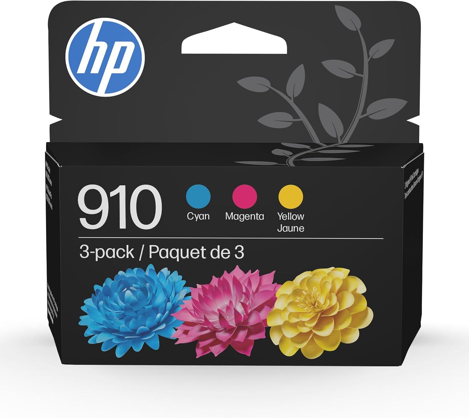 Shows the retail packaging for HP 910 ink cartridges to help shoppers identify the product on shelves and understand they are purchasing a 3-pack of cyan, magenta, and yellow cartridges. Uses…