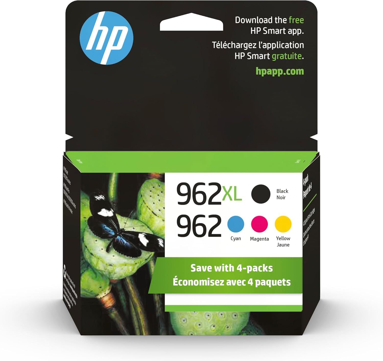 Shows the physical retail packaging the buyer will receive, featuring HP branding and clear labeling of the 4-pack ink cartridge bundle (962XL black and 962 color cartridges). Displays the core…