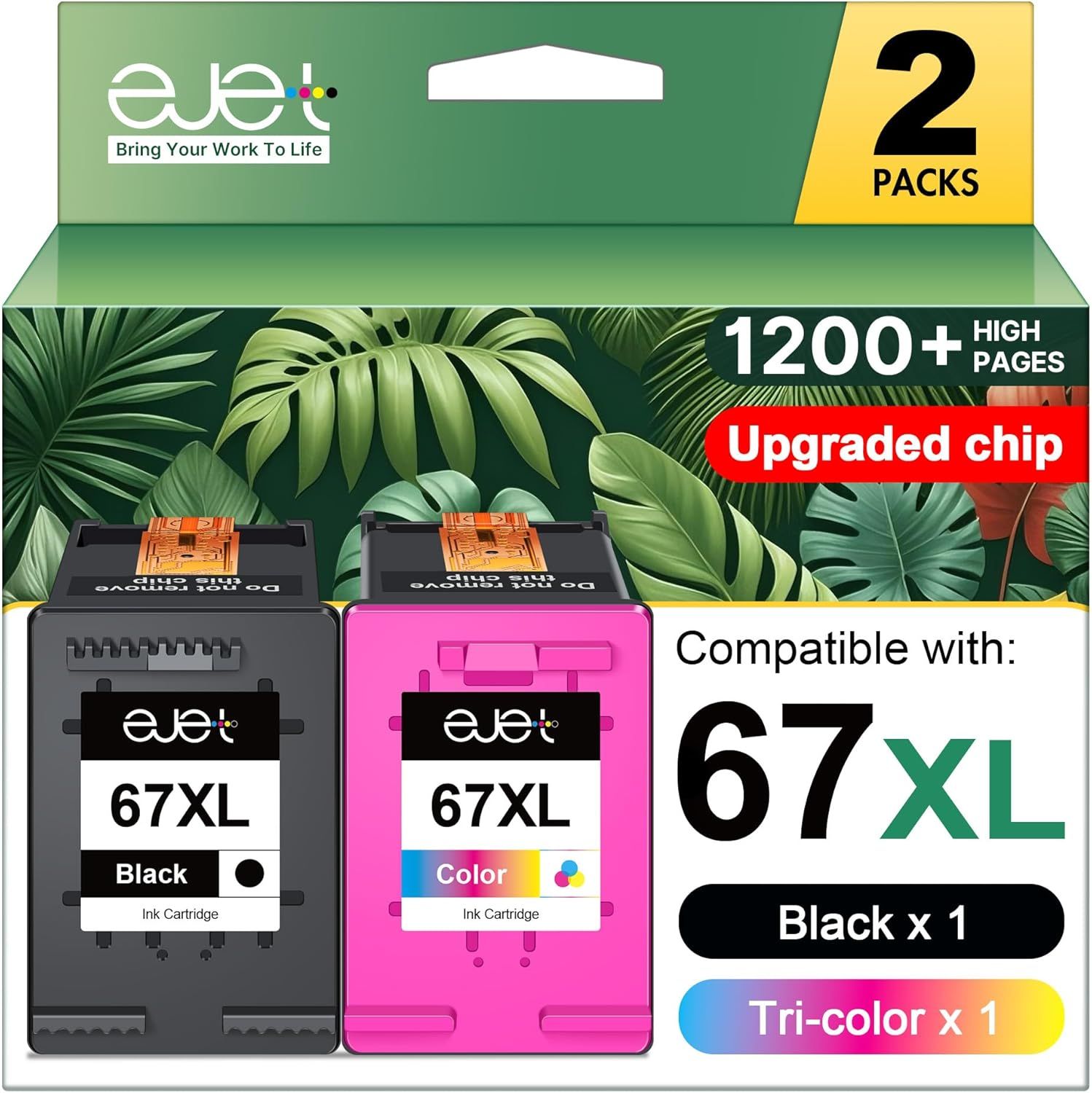 Shows the core product—two ink cartridges (black and tri-color)—with clear labeling of compatibility and page count to help shoppers quickly identify the right replacement cartridges for their…