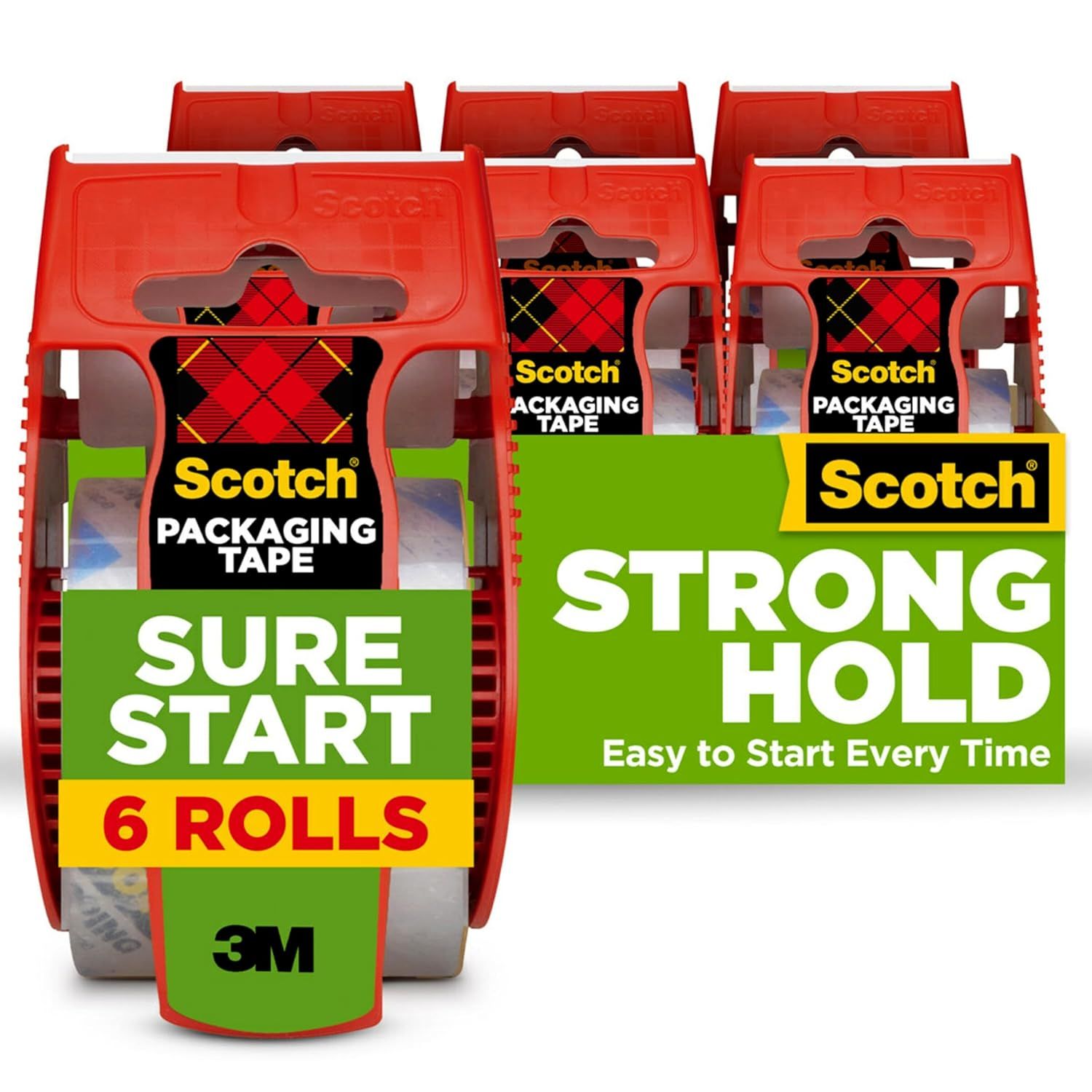 Shows the core sellable product—a 6-roll multi-pack of Scotch packaging tape with dispensers—clearly displayed so shoppers understand exactly what they are purchasing. Displays the retail packaging…