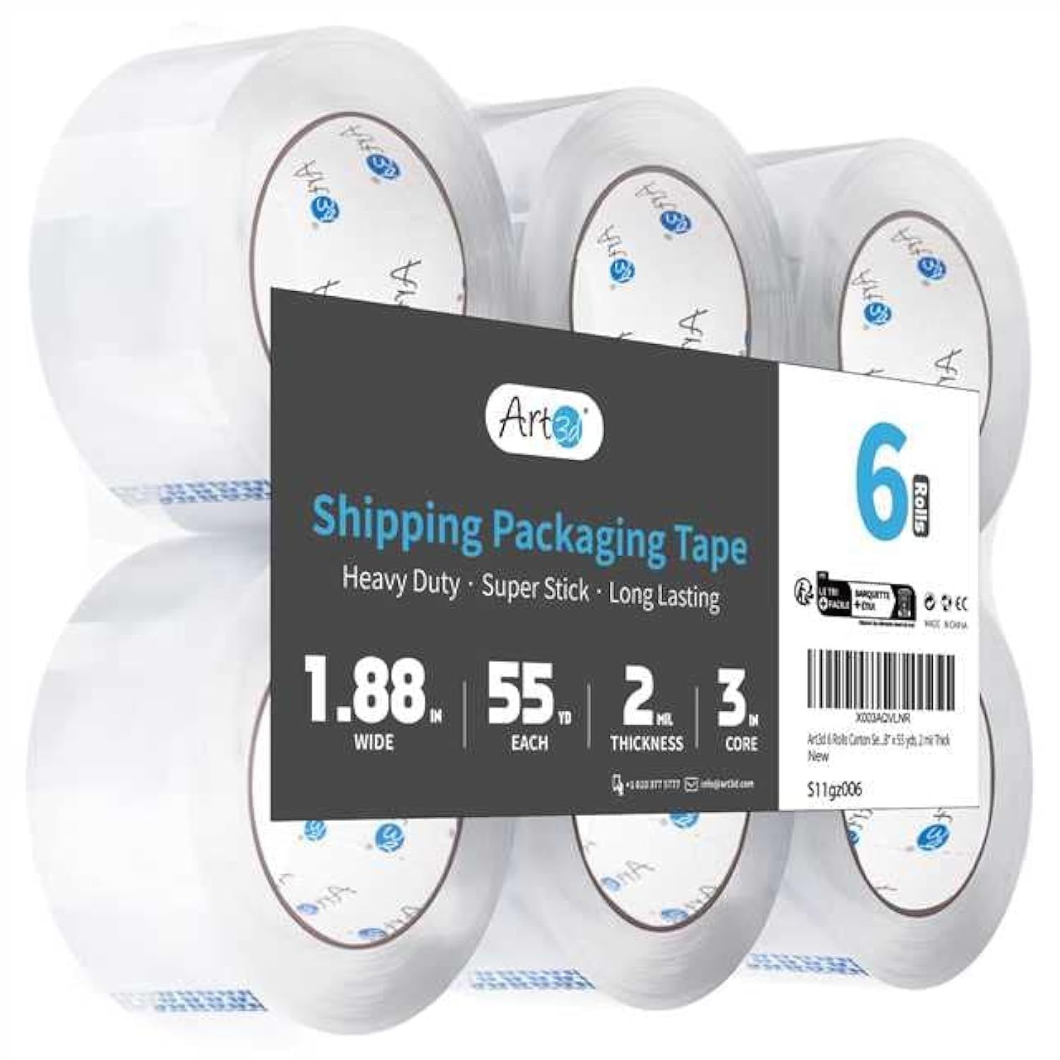 Shows the core product—a 6-pack of clear shipping/packaging tape—clearly displayed to communicate what the buyer will receive. Displays the retail packaging label that includes brand name, product…