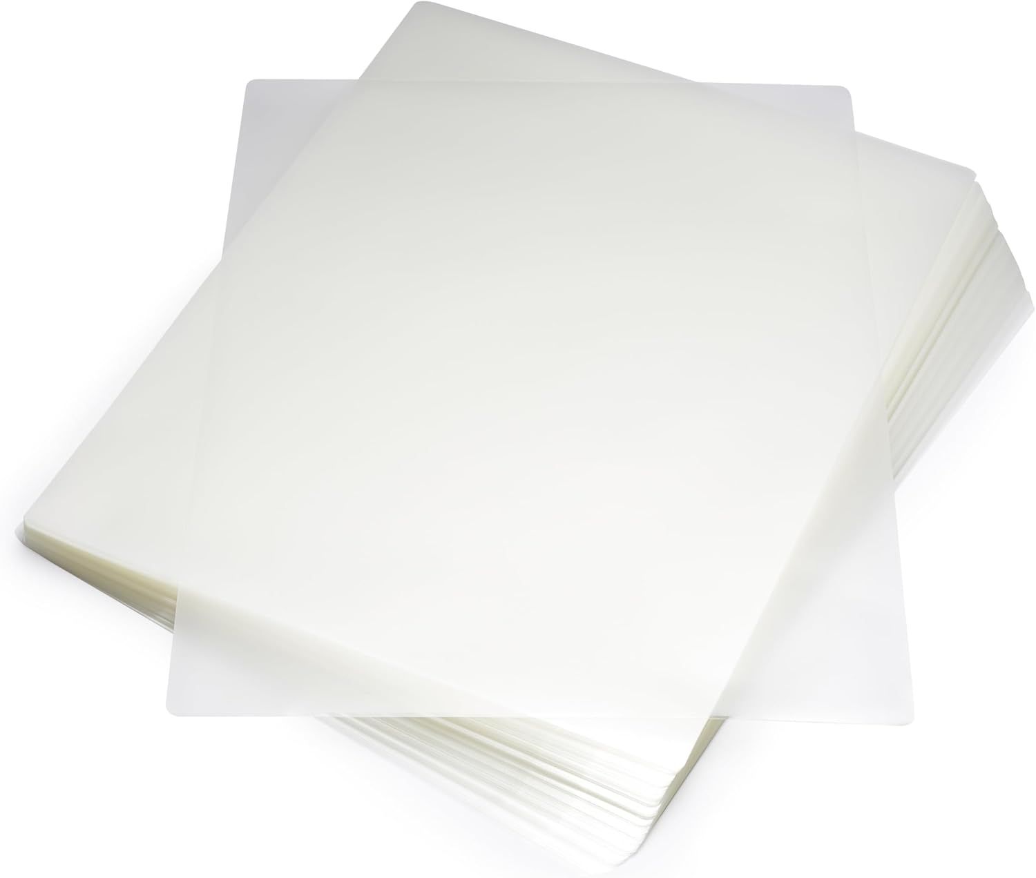 Shows the core product clearly—a stack of laminating sheets or pouches—allowing shoppers to see what they are purchasing in a clean, catalog-style presentation.