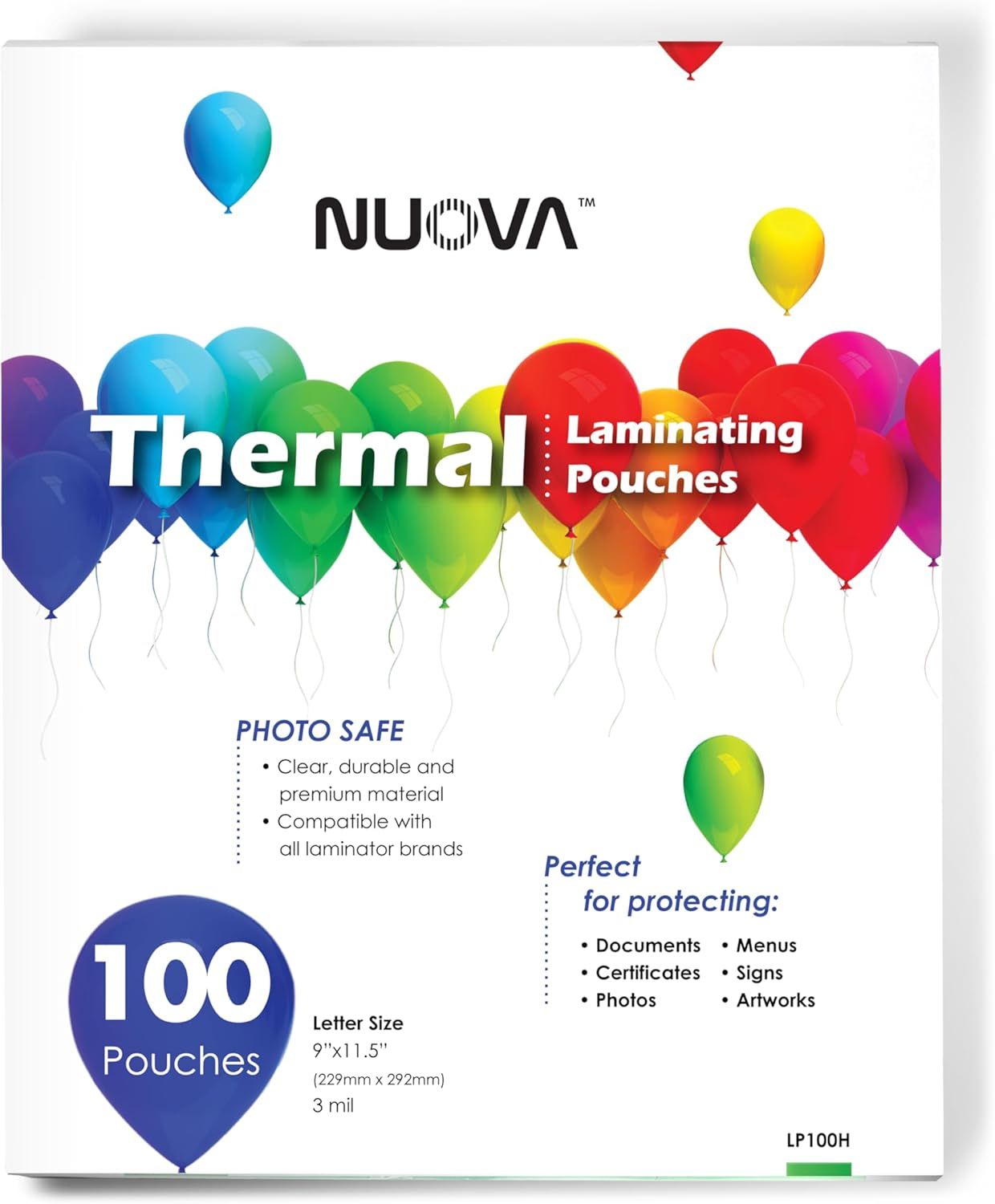 Shows the actual retail packaging the customer will receive, communicating product quantity, size specifications, and key features directly from the box design. Uses colorful balloon graphics as…