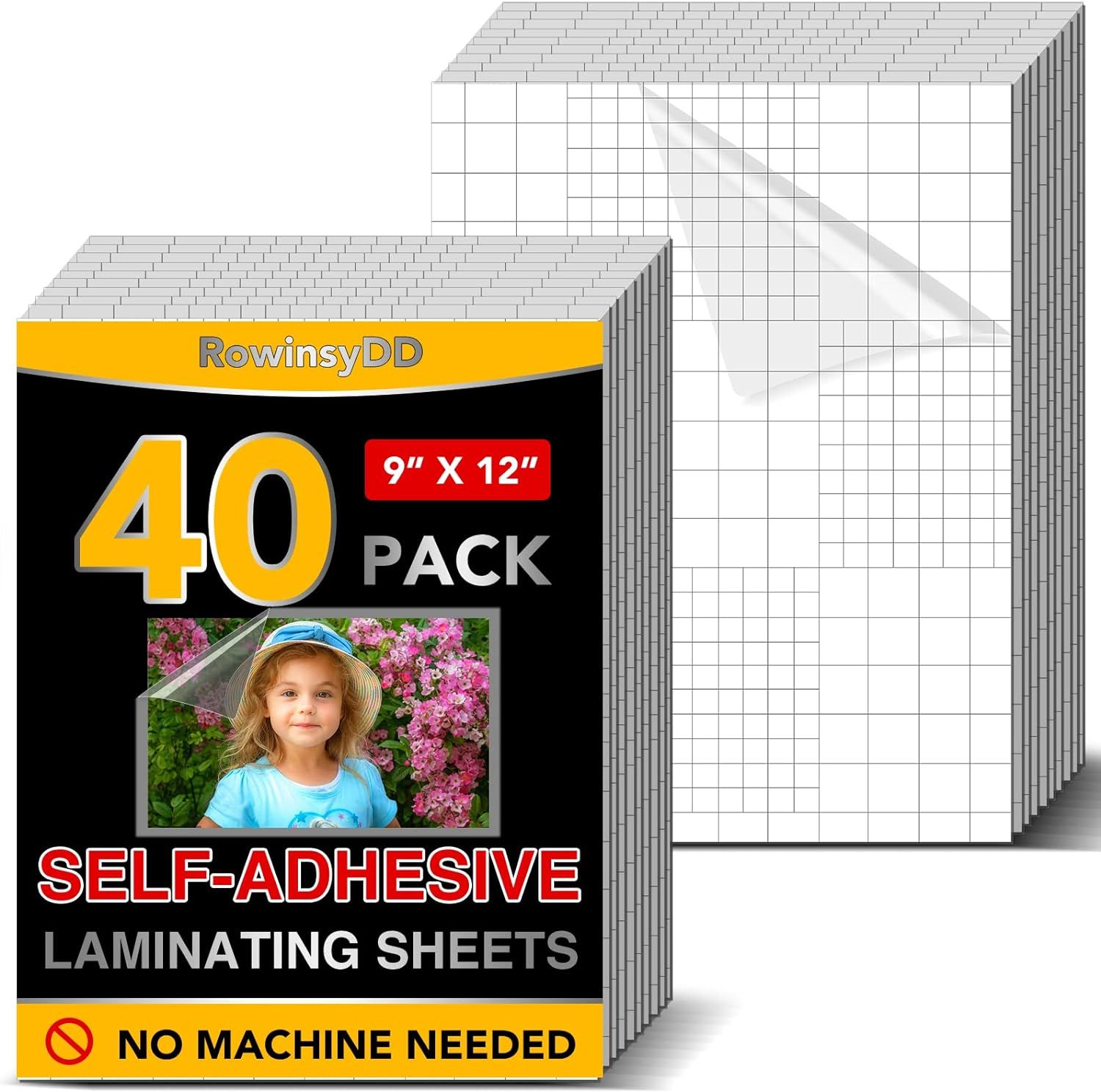 Shows the core product—a 40-pack of self-adhesive laminating sheets—with clear packaging and a stack of sheets to communicate quantity and what the buyer receives. Displays the retail packaging with…