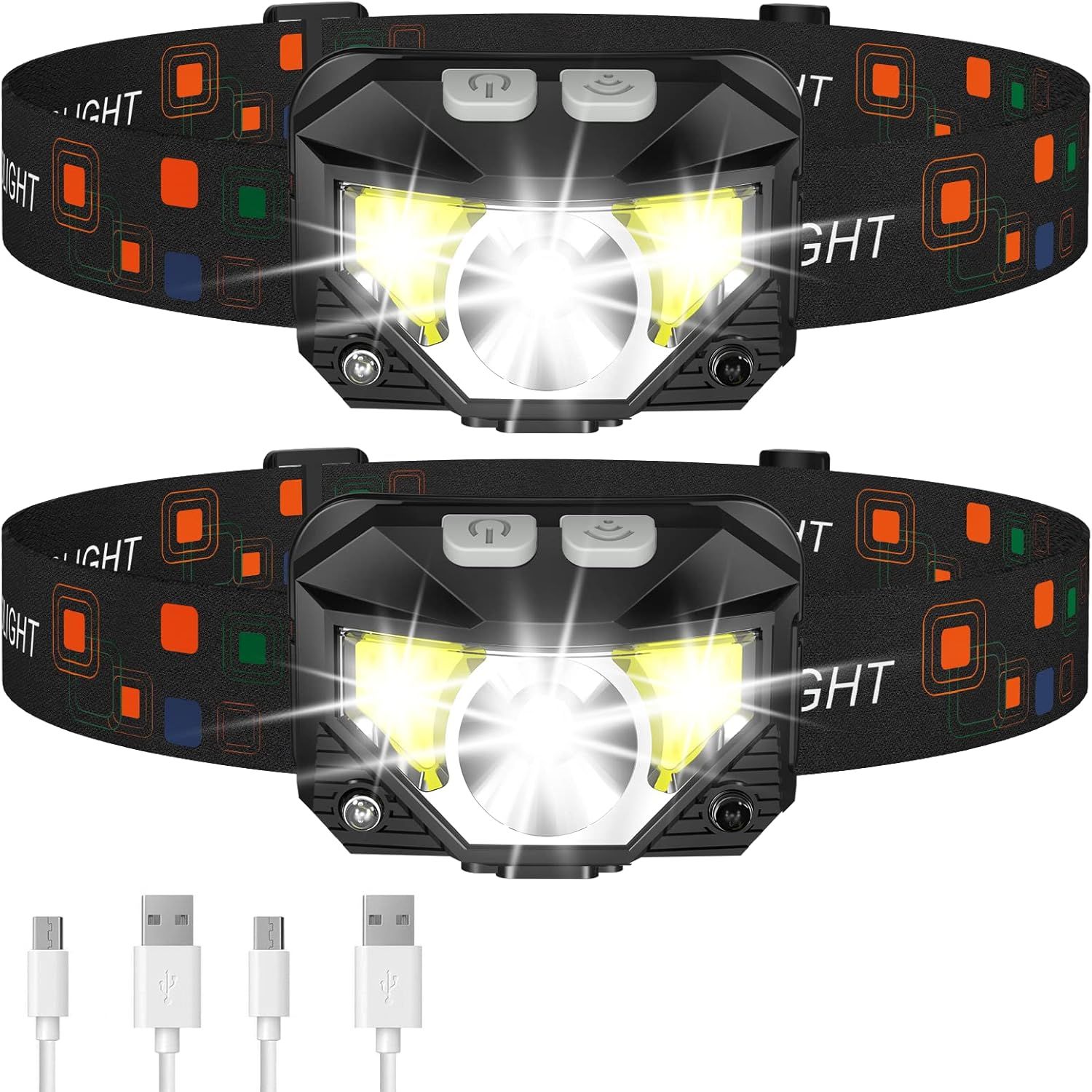 Shows the core product—two identical LED headlamps with adjustable straps and included USB charging cables—to communicate what the buyer receives in this multi-pack set. Highlights that USB charging…
