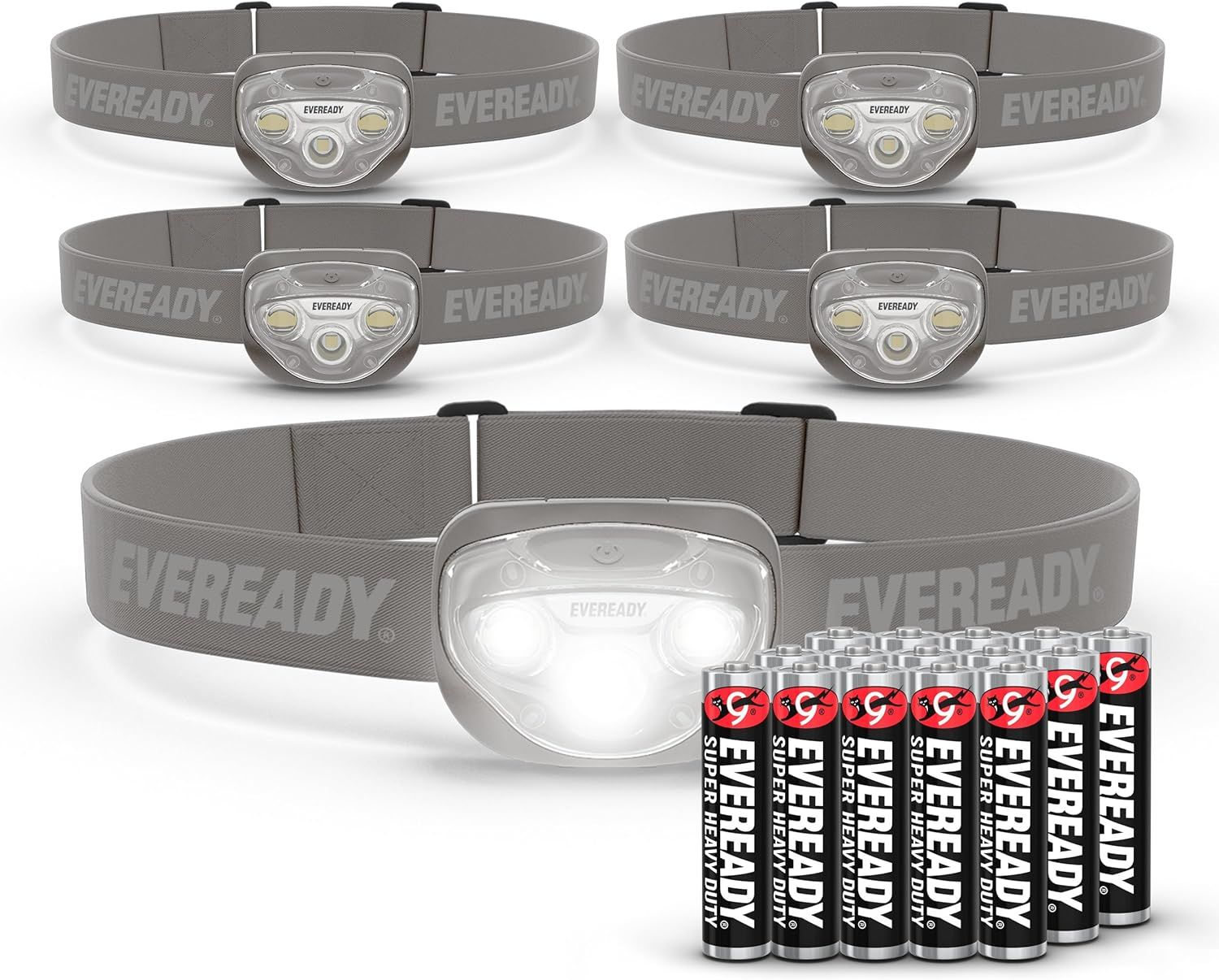 Shows the core product offering of multiple Eveready headlamps with one prominently displayed in the foreground to demonstrate the multi-pack purchase option. Communicates that batteries are…